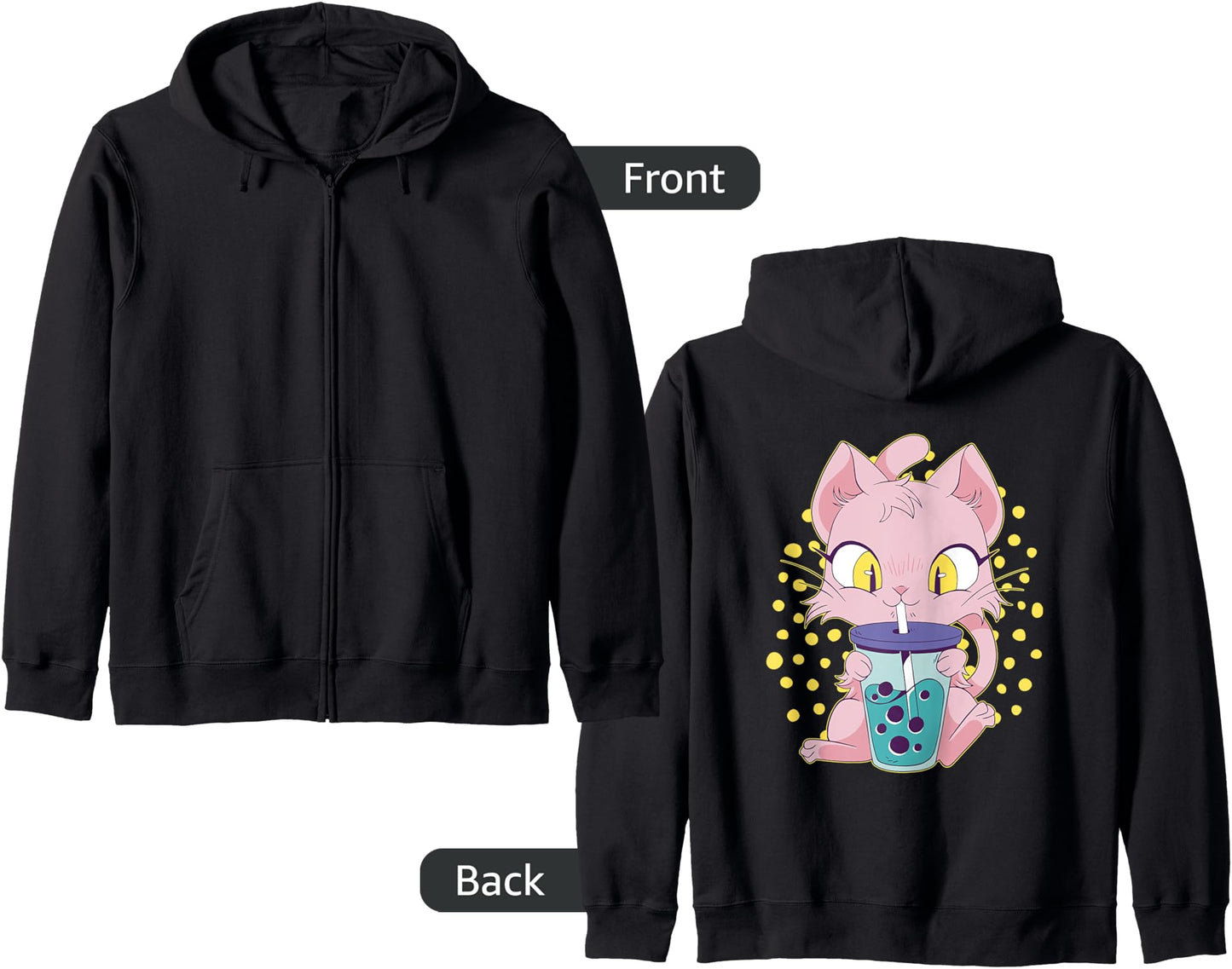 Cute Anime Cat With Bubble Tea Boba on Back Japanese Kawaii Zip Hoodie