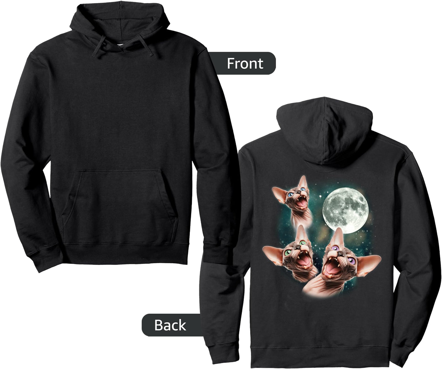 Three Sphynx Moon 3 Hairless Cats Howling Cursed Wolf Meme Pullover Hoodie