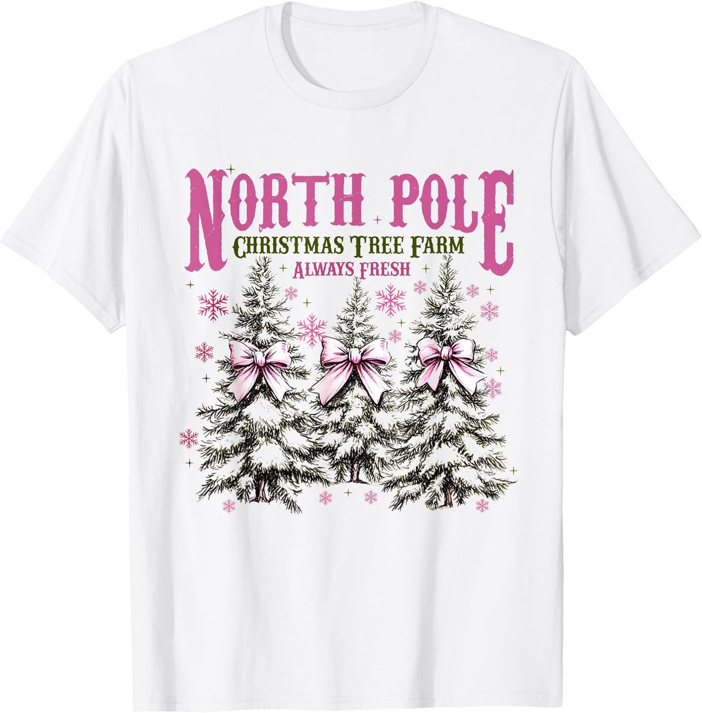Women North Pole Pink Christmas Coquette Bow Xmas Tree T-Shirt