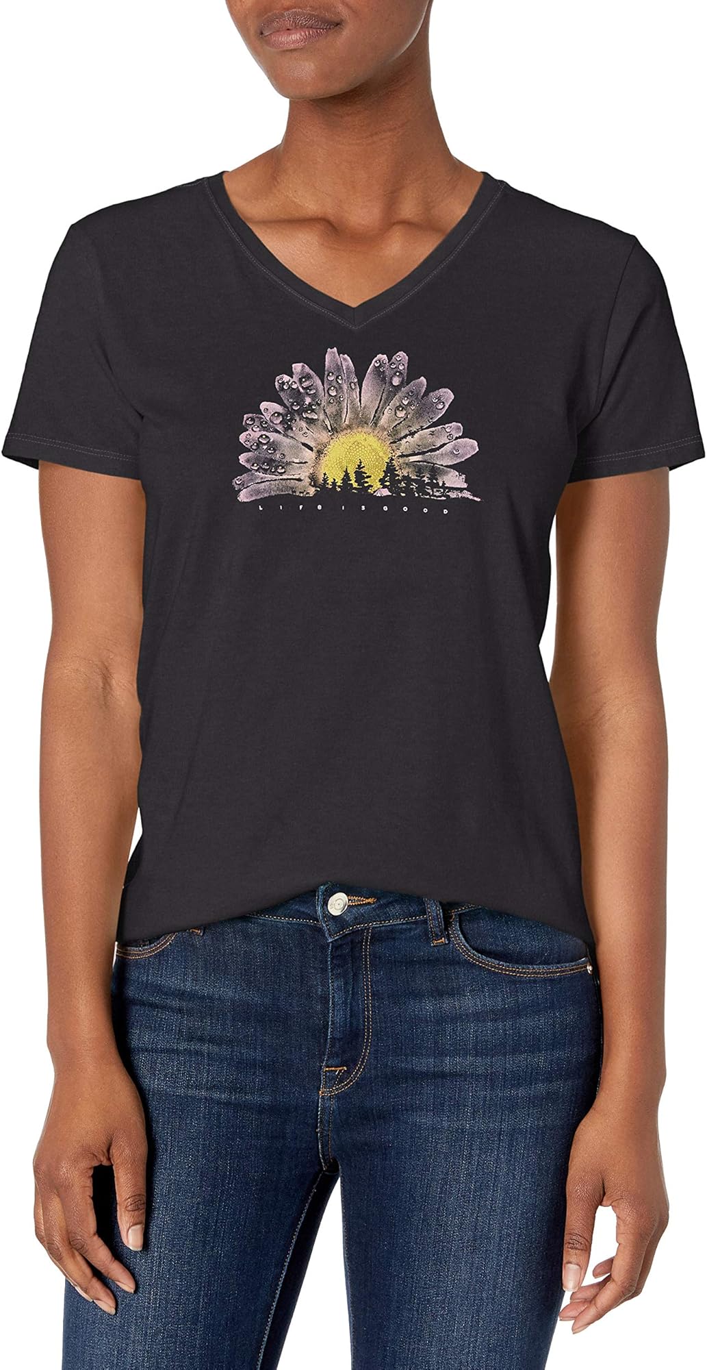 Life is Good Women's Crusher Graphic V-Neck T-Shirt, French Sunflower