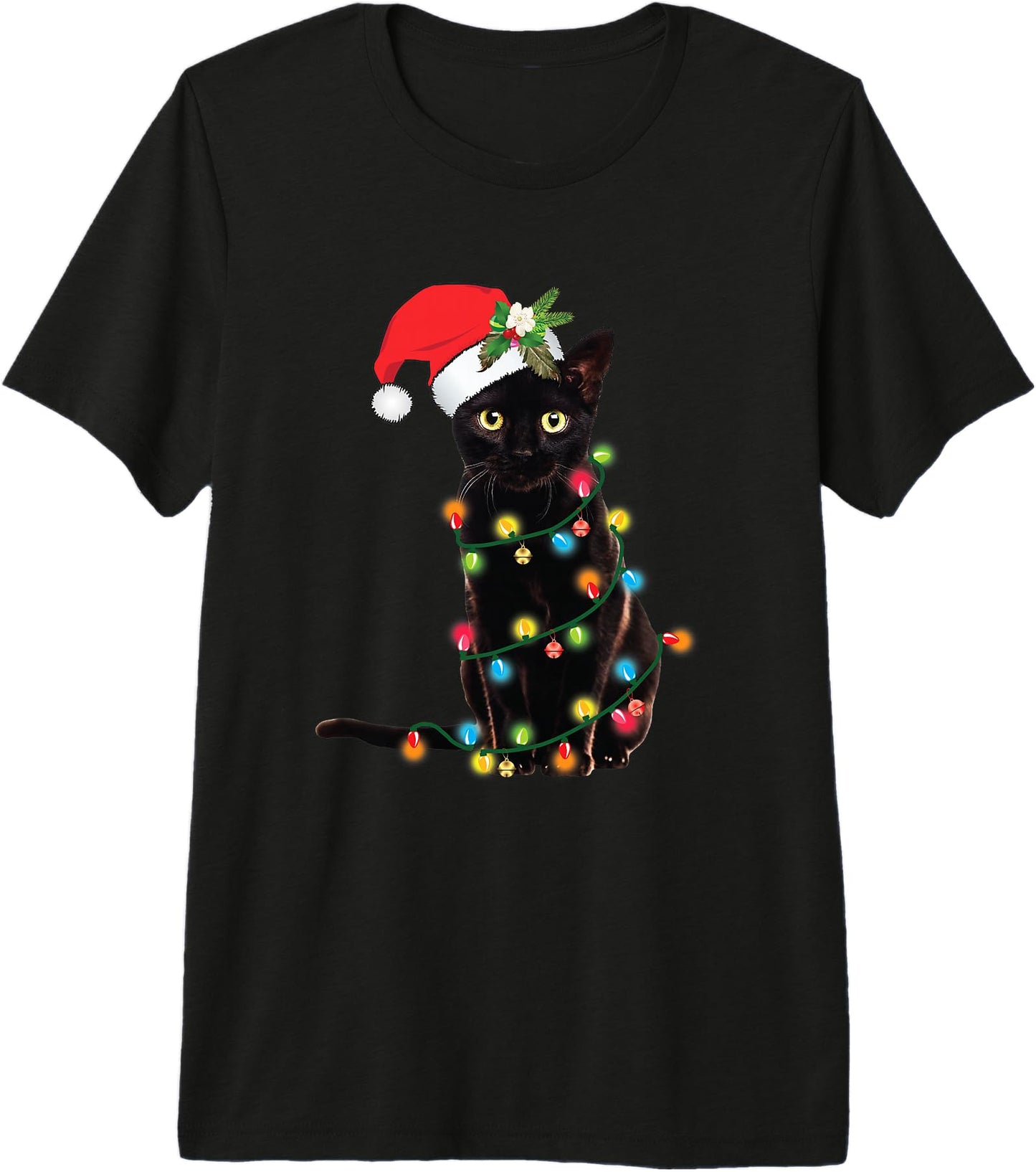 Santa Black Cat Tangled Up in Christmas Tree Lights Holiday Premium Tri-Blend