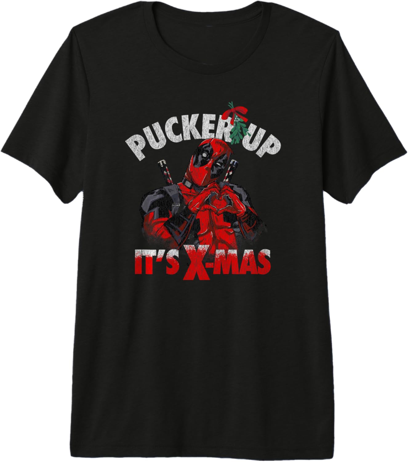 Marvel Deadpool Christmas Pucker Up It's X-Mas Distressed Premium Tri-Blend