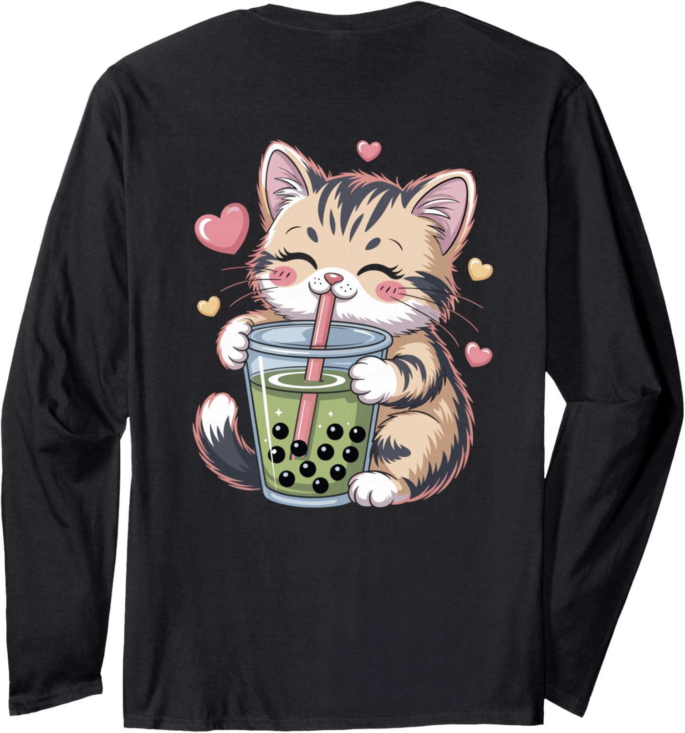 Cute Cat Drinking Bubble Tea Kawaii Chibi Adorable Kitty Long Sleeve