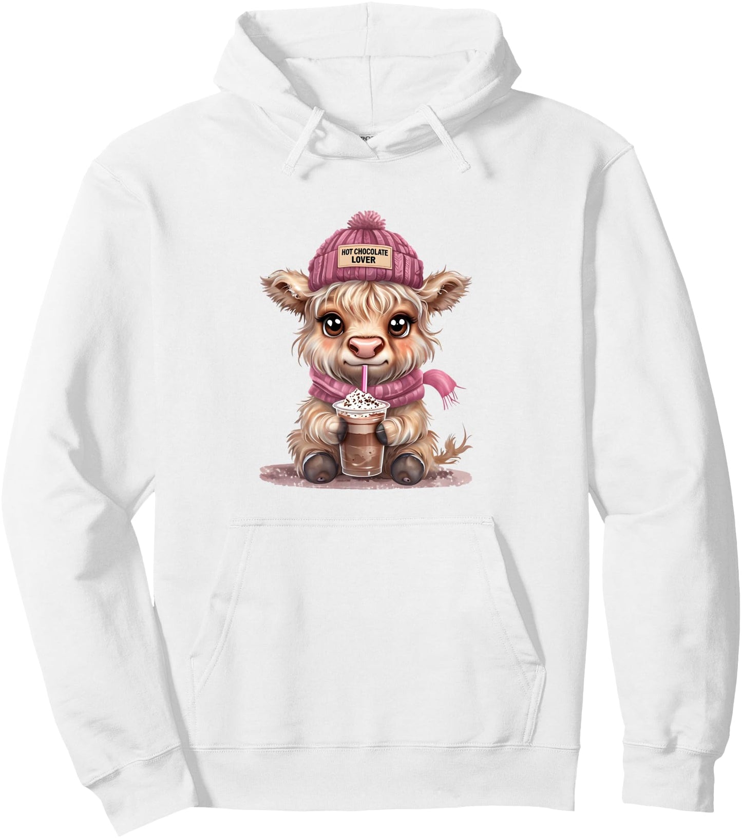 Highland Cow Drinking hot Chocolate Cute Cow in Pink Hat Pullover Hoodie