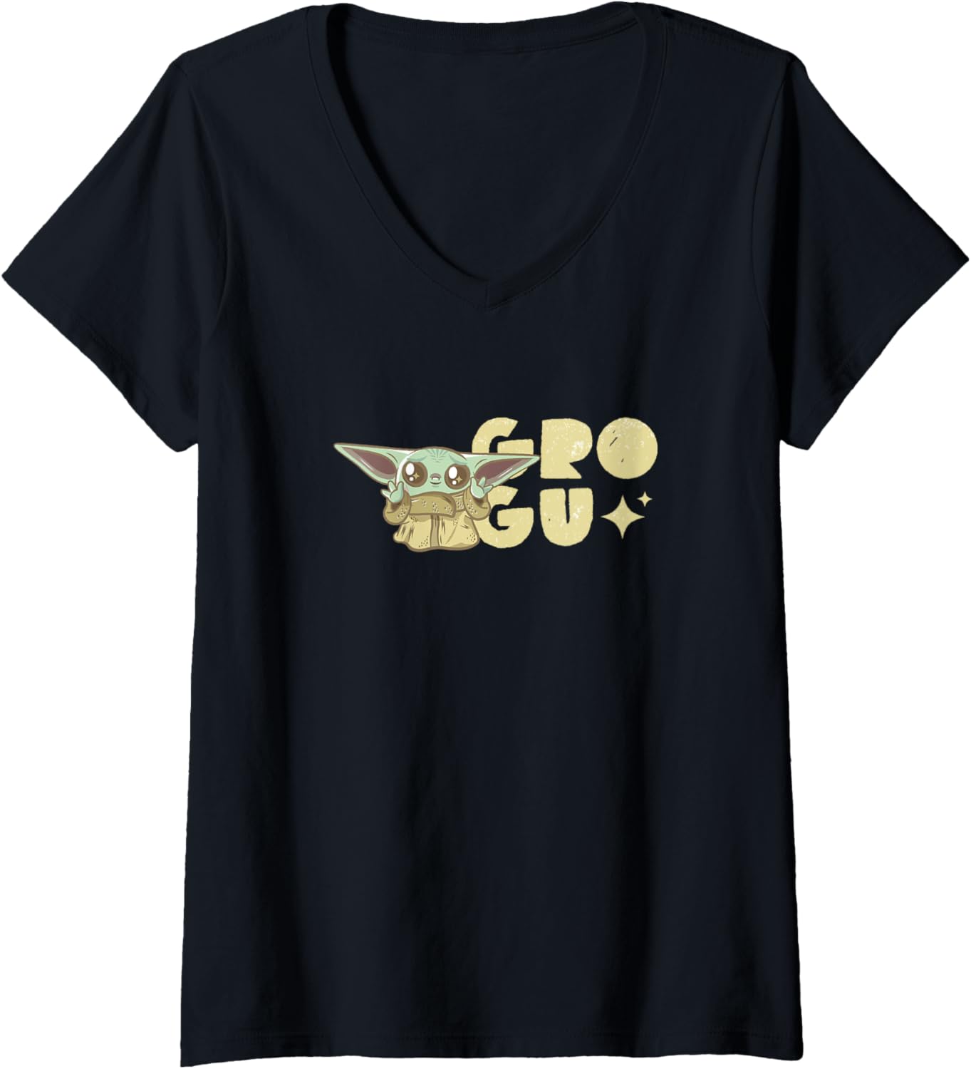 Womens Star Wars The Mandalorian Tiny Grogu Jedi Chibi Logo Disney+ V-Neck