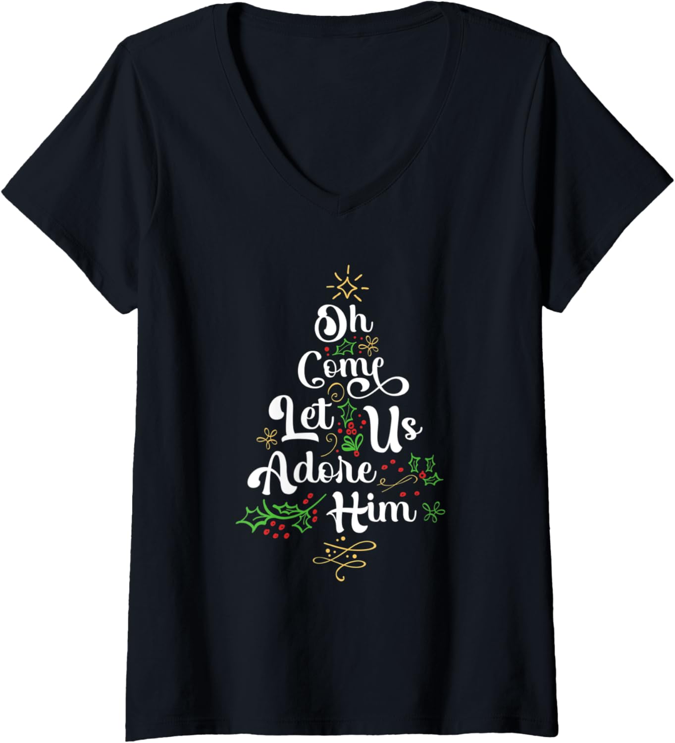 Womens Oh Come Let Us Adore Him Jesus Family Christian Christmas V-Neck