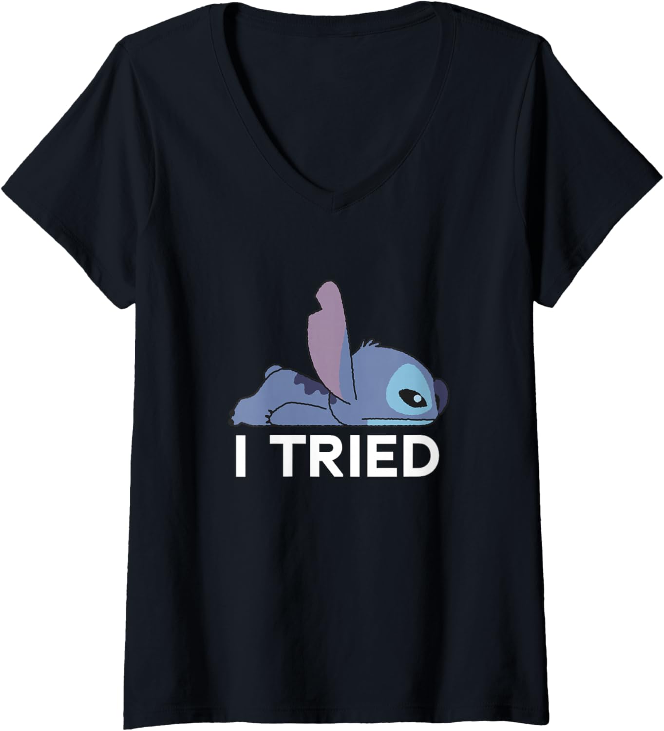 Womens Disney Lilo & Stitch Lazy Chibi Stitch I Tried Bold Logo V-Neck