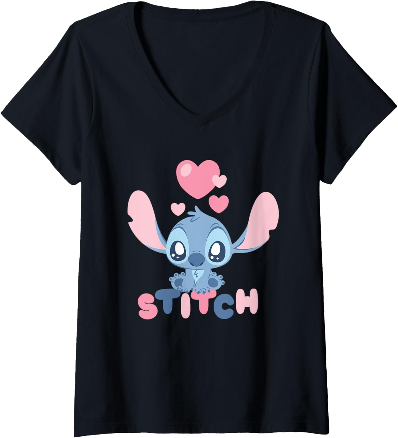 Womens Disney Lilo & Stitch Pink Hearts Stitch Love Chibi V-Neck