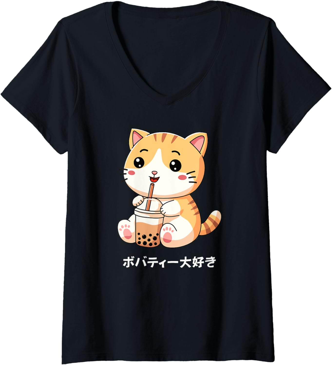 Womens Kawaii Japanese Cat Drinking Bubble Tea Chibi Boba Anime V-Neck