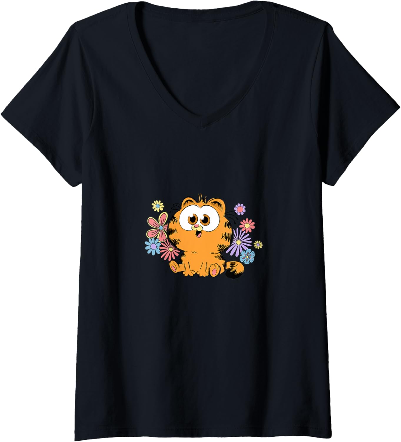Womens Garfield Too Cute To Care Floral Chibi Front & Back V-Neck