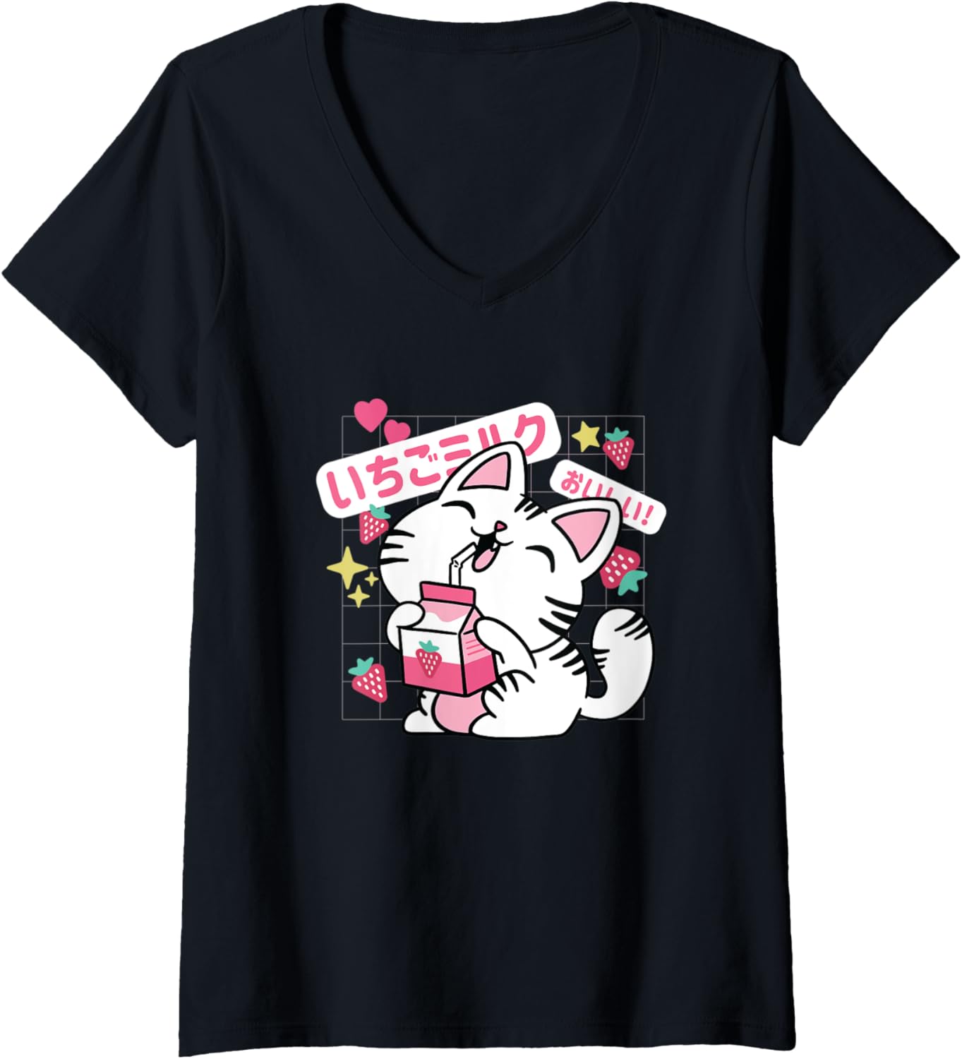 Womens Japanese Cat Drinking Strawberry Milk Chibi Kitten V-Neck