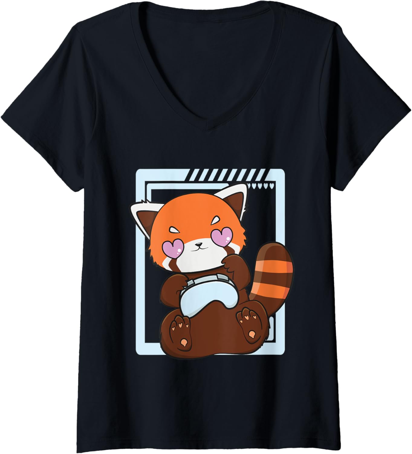 Womens Gaming Red Panda Playing Video Game Lover Cute Chibi Anime V-Neck