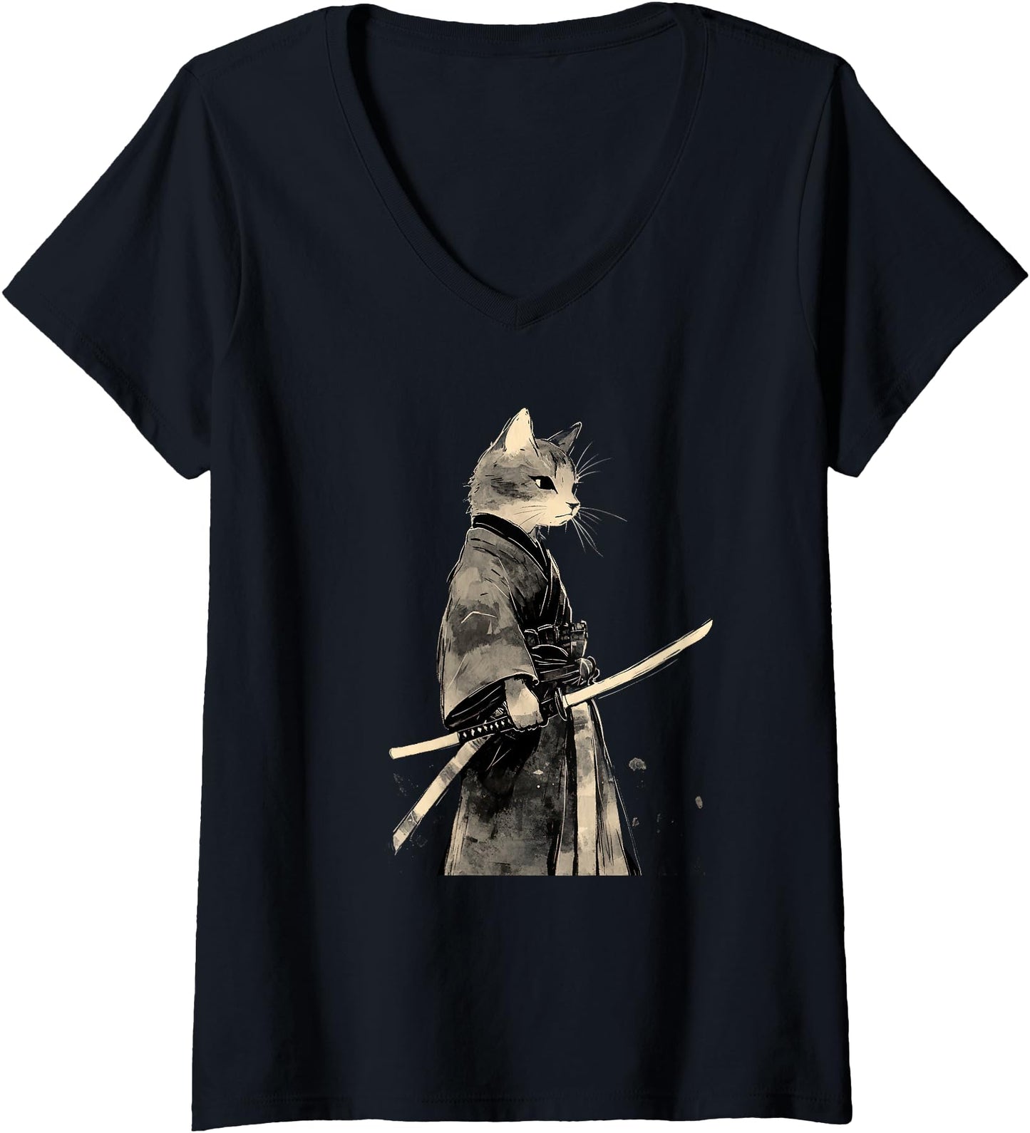 Womens Vintage Samurai Cat Graphic Art Japanese Ukiyo-e V-Neck