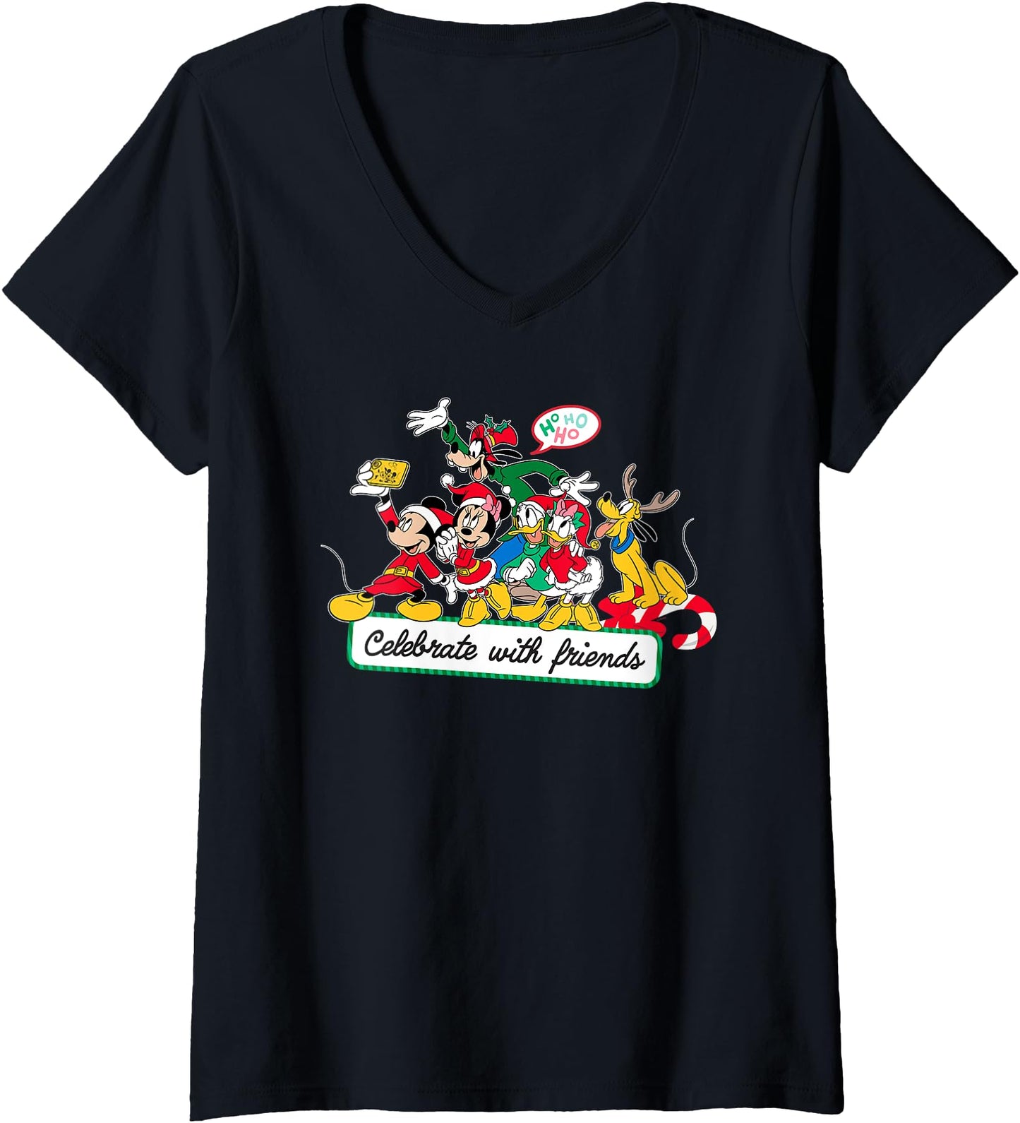 Womens Disney Mickey Mouse & Pals Celebrate with Friends Christmas V-Neck