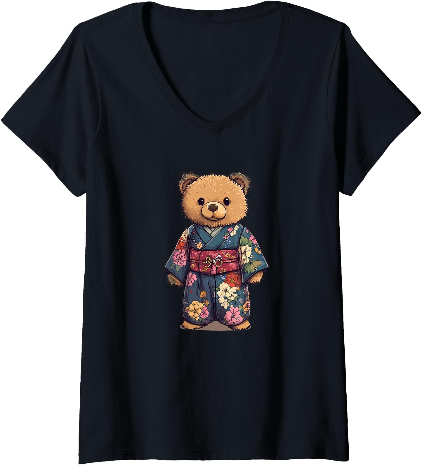 Womens Charming Teddy Bear in a Nice Japanese Kimono V-Neck