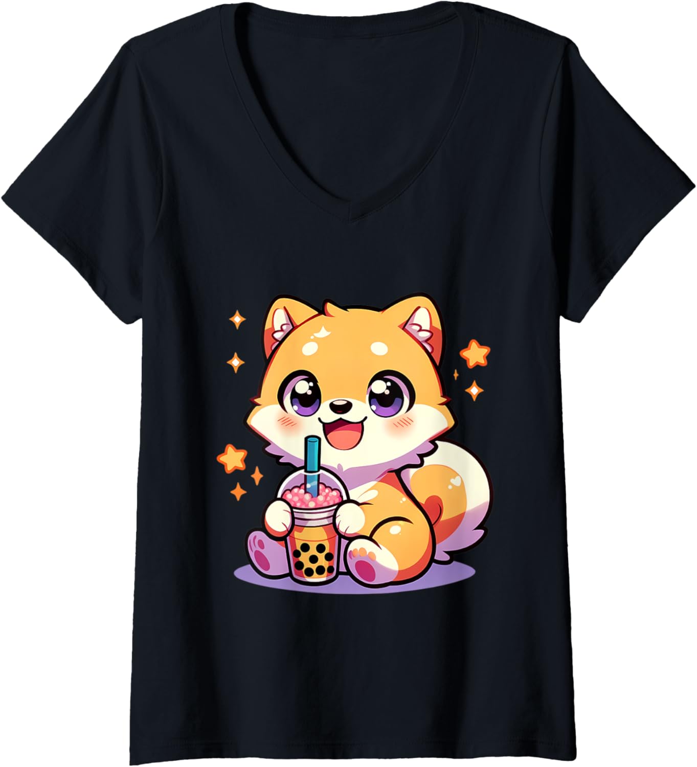 Womens Kawaii Shiba Inu Dog Bubble Tea Anime Chibi V-Neck