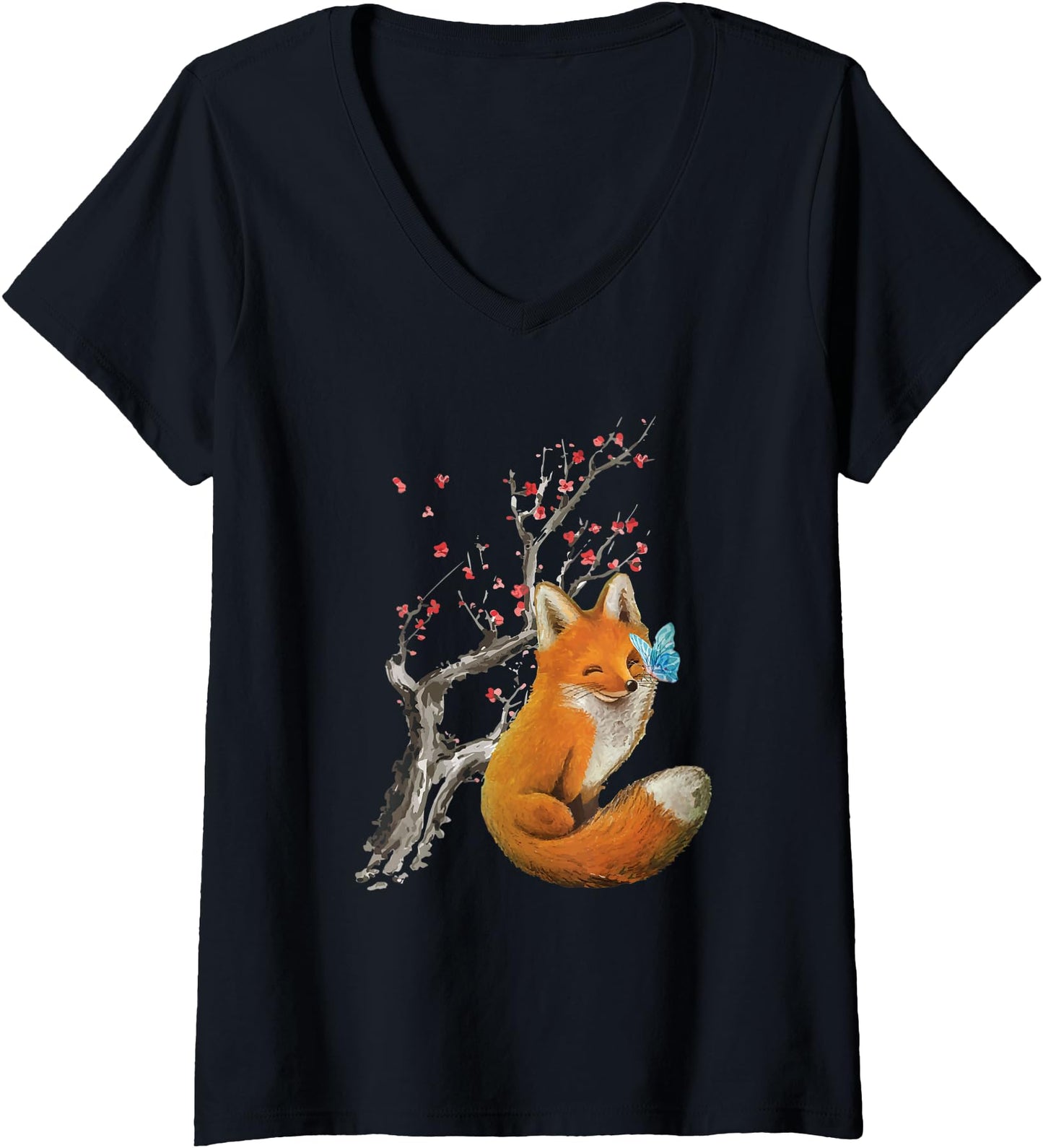Womens Vintage Fox - Japanese Cherry Blossom - Sakura - Anime Gift V-Neck