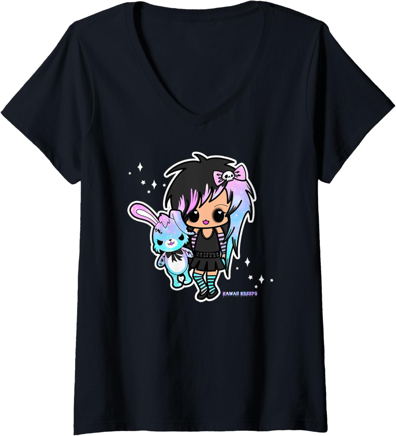 Womens Kawaii Emo Chibi Girl Pastel Goth Scene Kid EGirl Bunny V-Neck