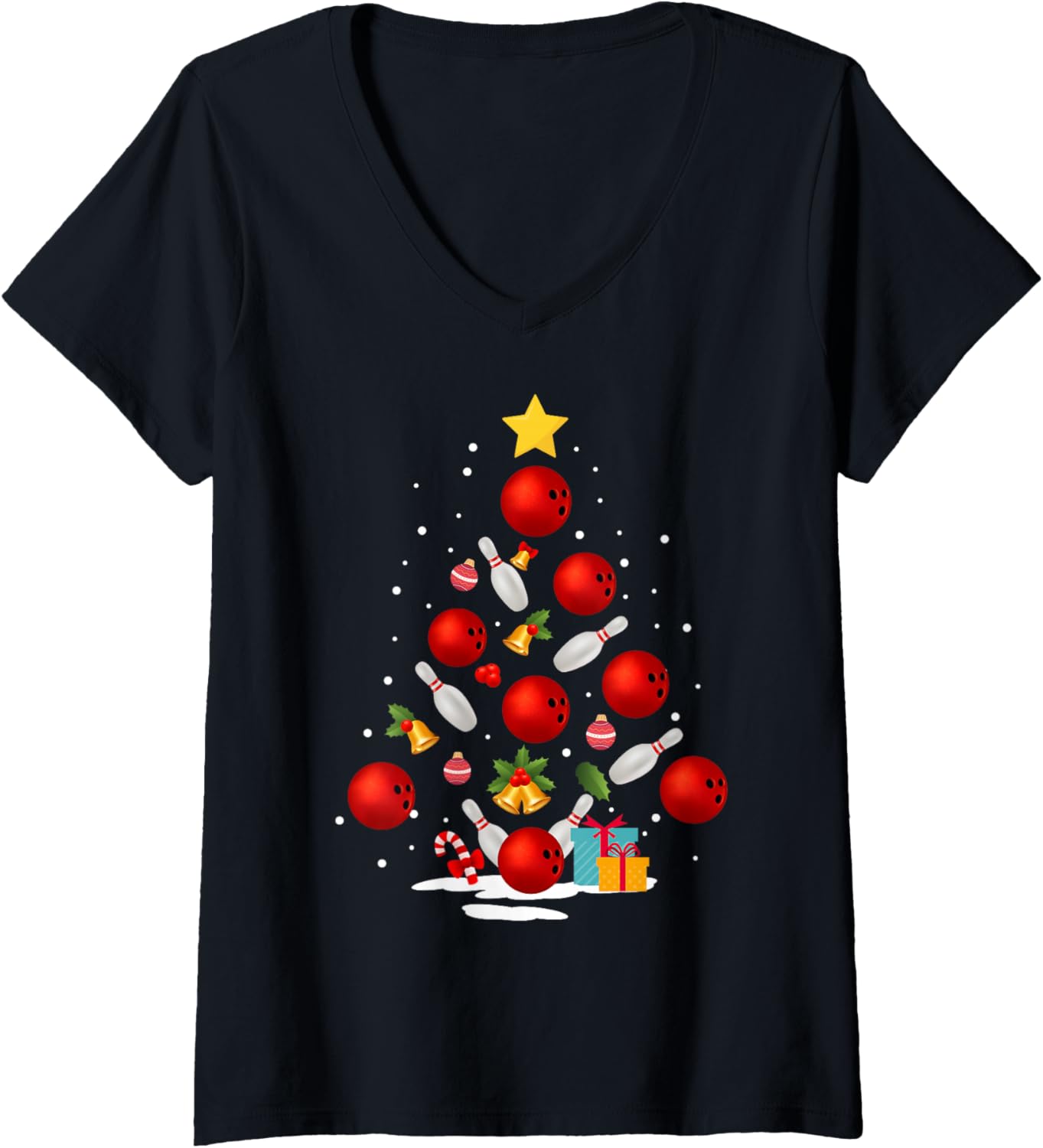 Womens Funny Bowling Christmas Tree Lights Xmas Gifts For Men Women V-Neck