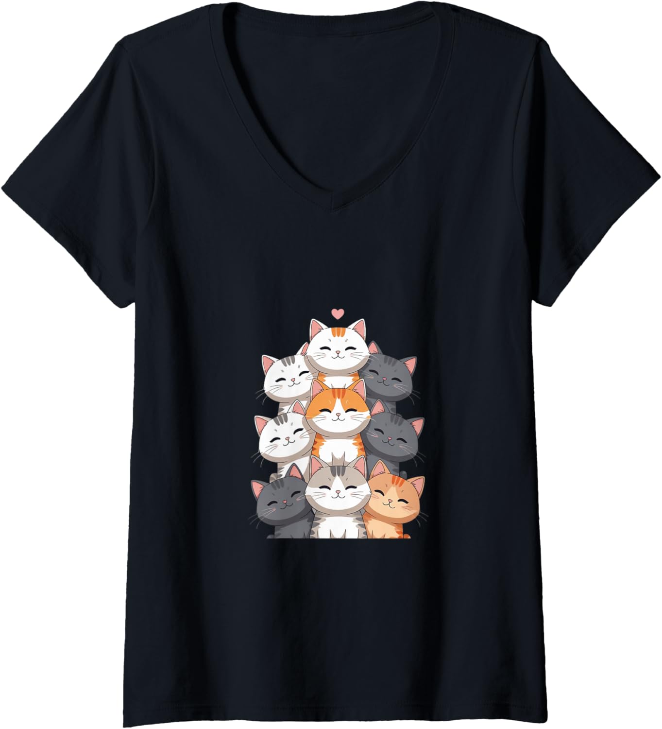 Womens Cute Kawaii Cat Kitty Meowtain Cats Pile Chibi Women Girls V-Neck