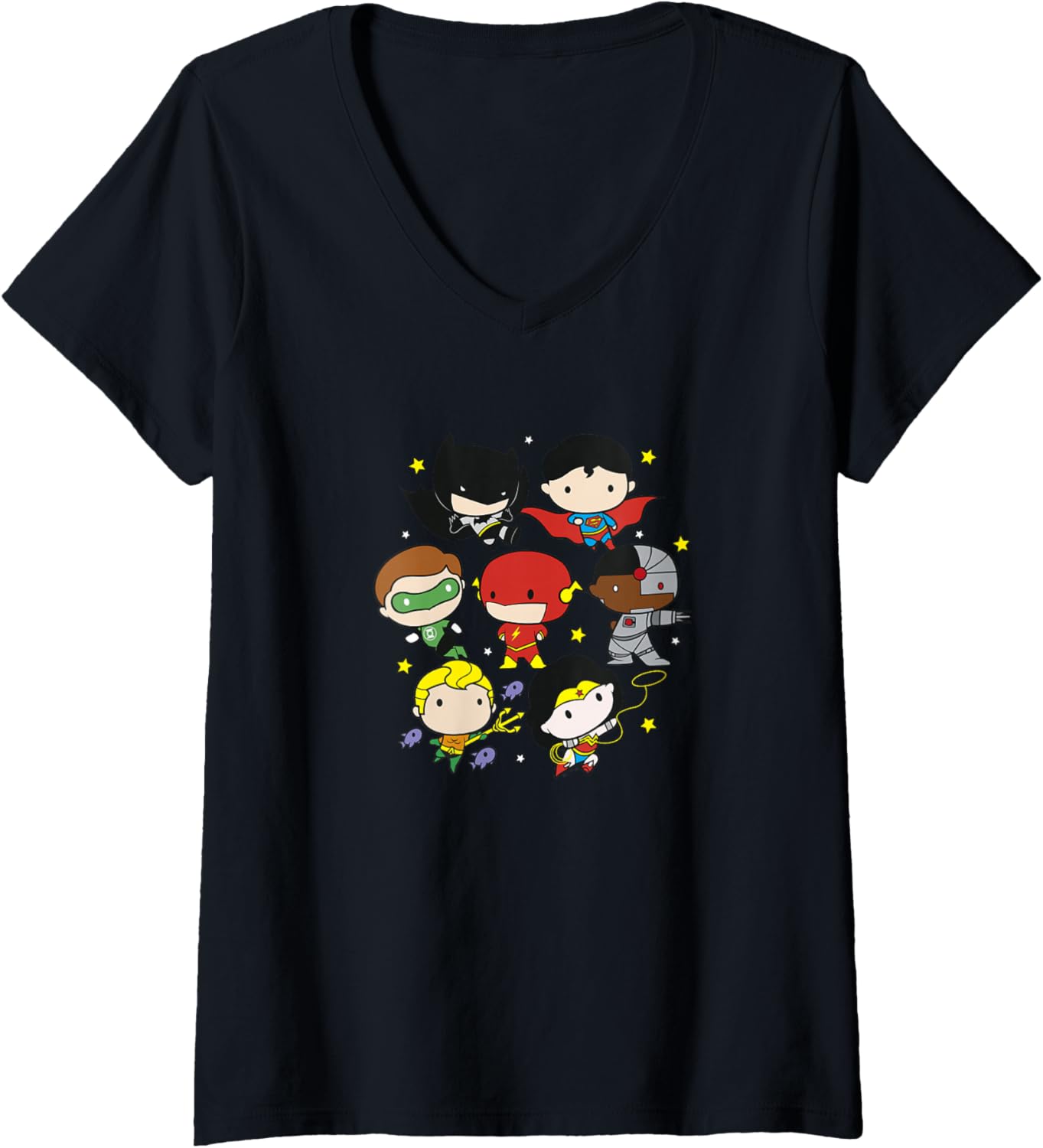 Womens DC Comics Justice League Superhero Chibi Group Portraits V-Neck