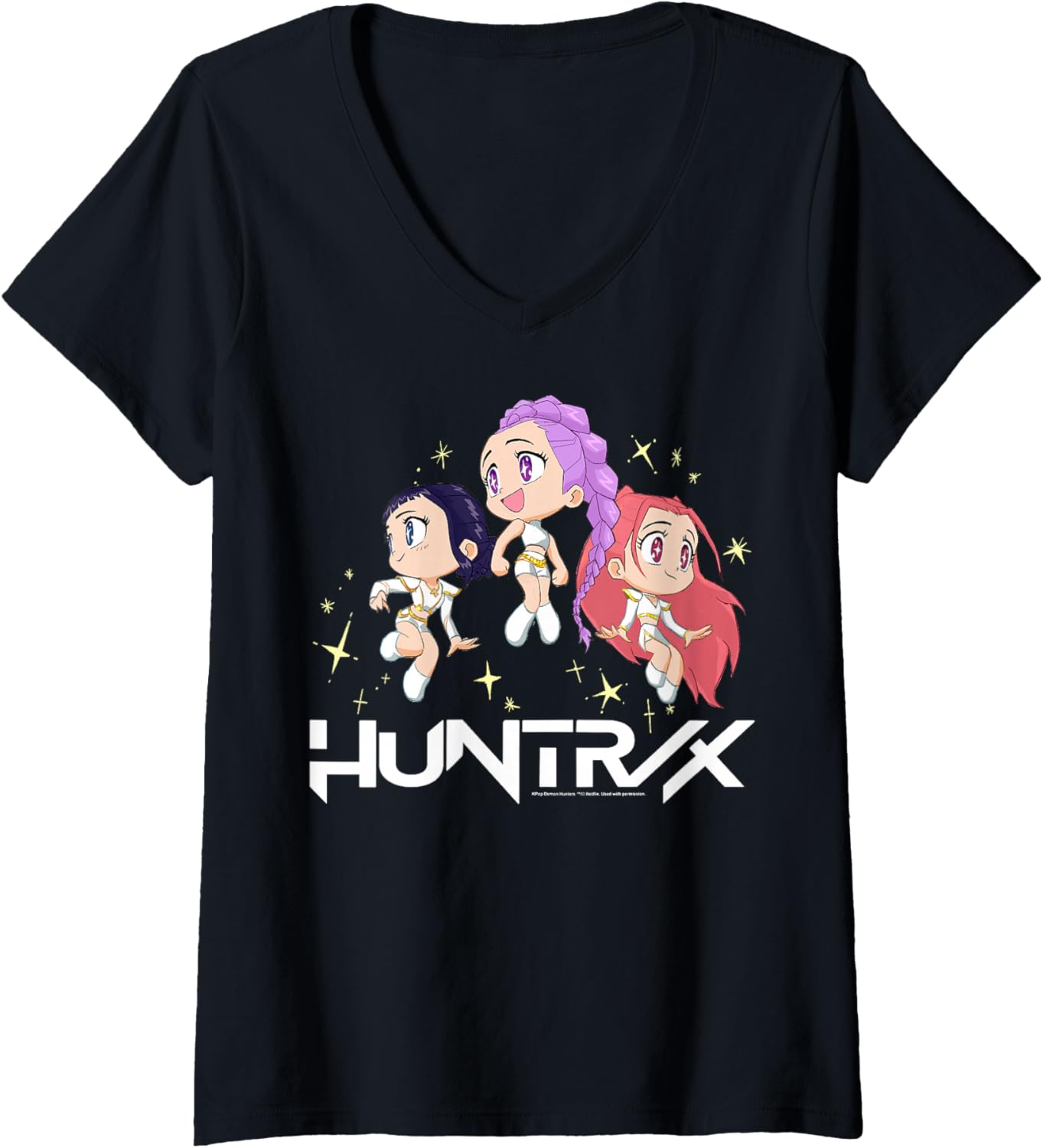 Womens Kpop Demon Hunters Halloween Huntrix Chibi Sparks Group Shot V-Neck