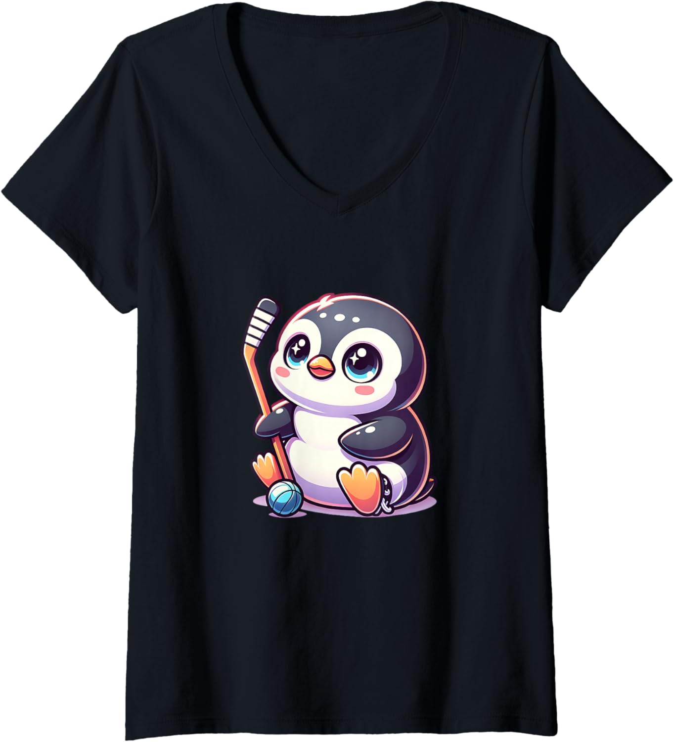 Womens Cute Penguin Ice Hockey Stick Kawaii Chibi Winter Sports V-Neck
