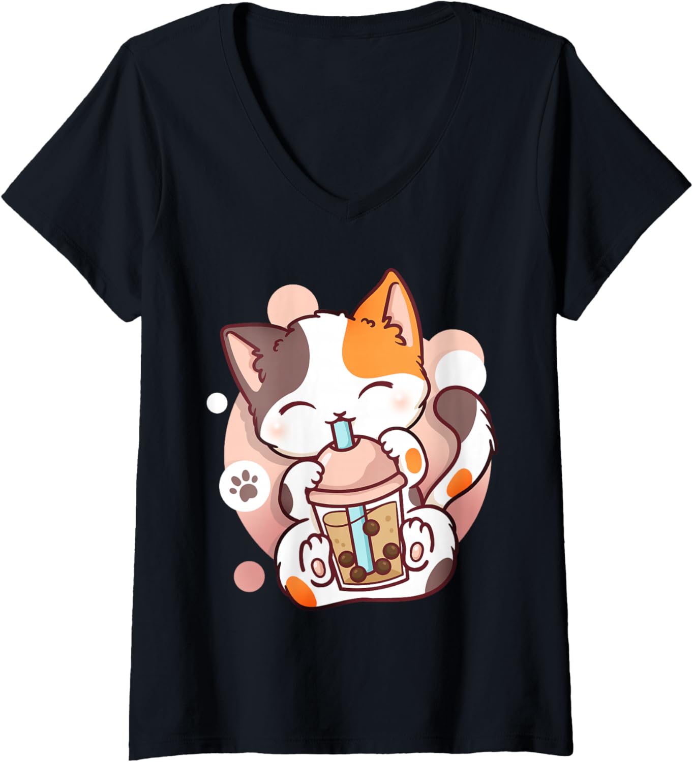 Womens Cat Boba Tea Bubble Tea Anime Kawaii Neko V-Neck