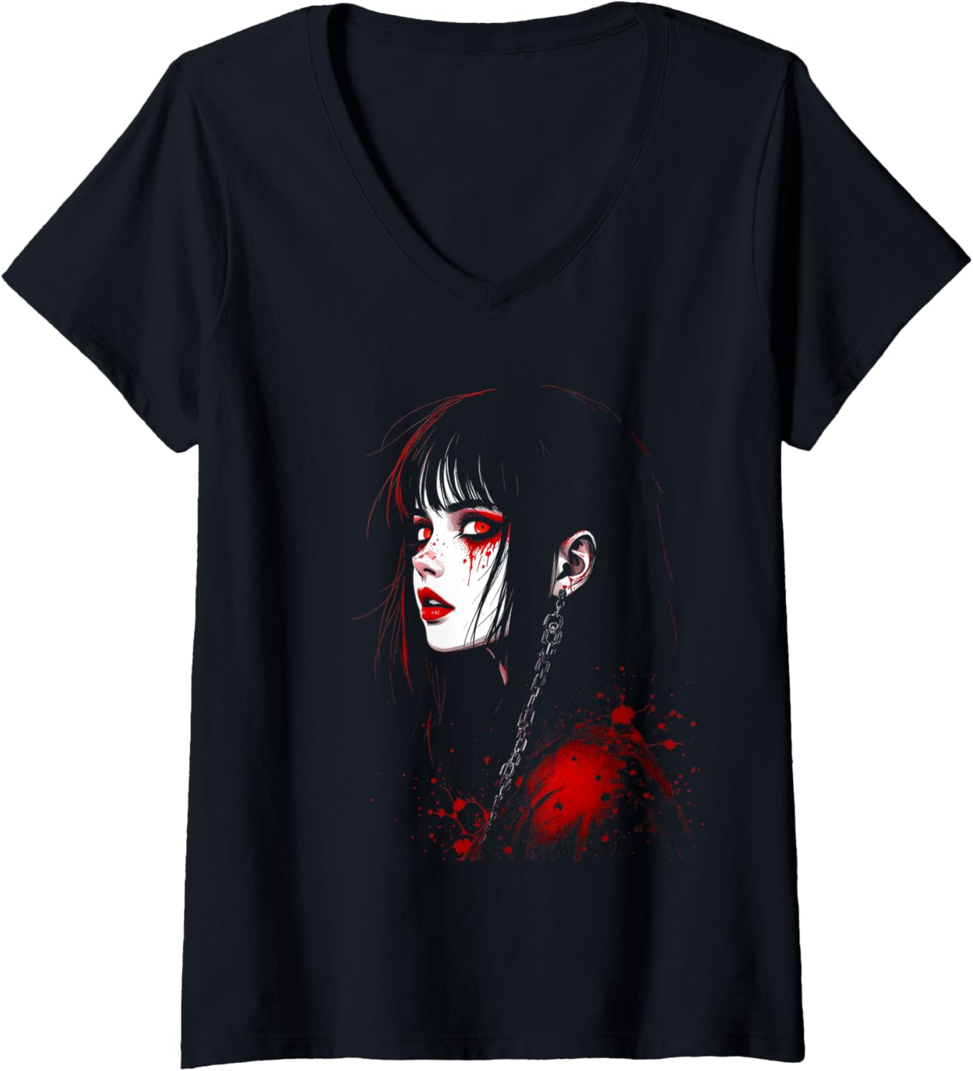 Womens Horror Anime Manga Tee Gothic Outfit Japanese Chibi Girl V-Neck