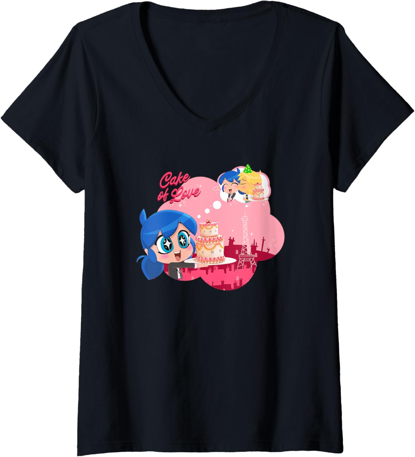 Womens Miraculous Ladybug Chibi Cake of Love V-Neck