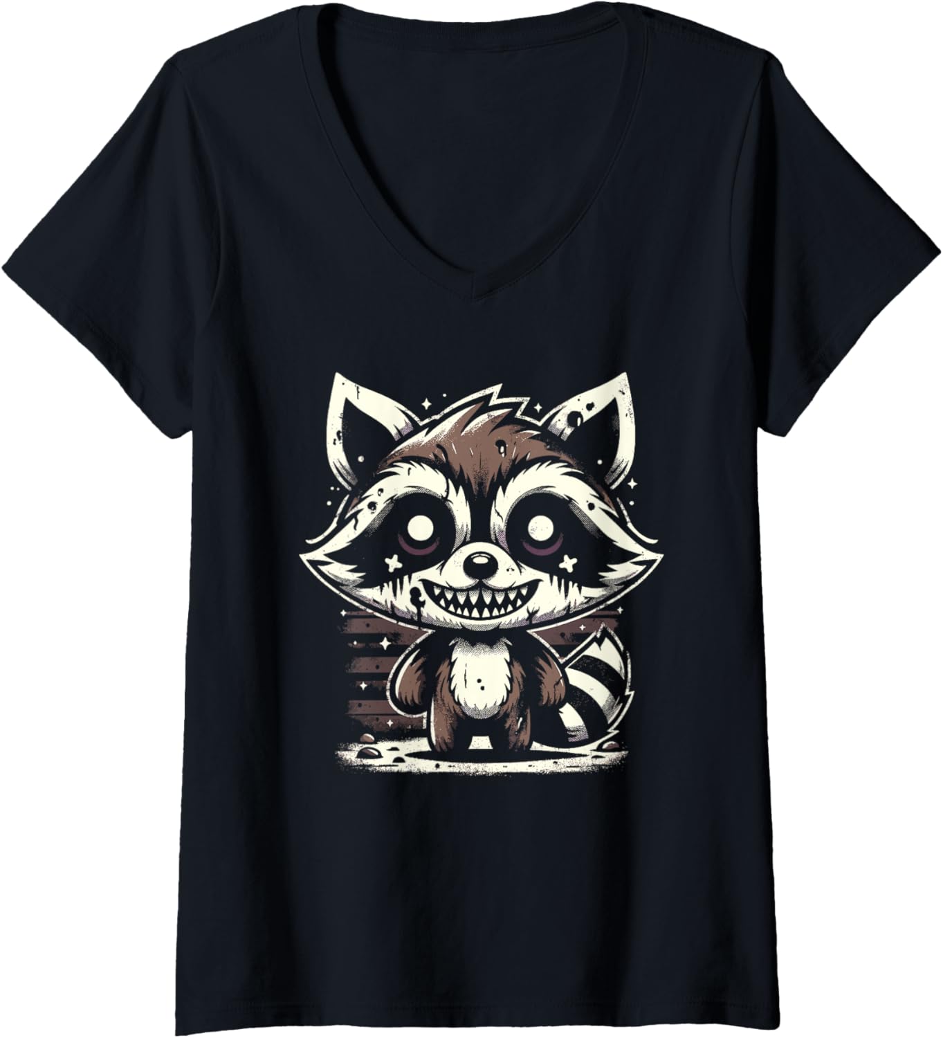Womens Creepy Horror Chibi Raccoon V-Neck