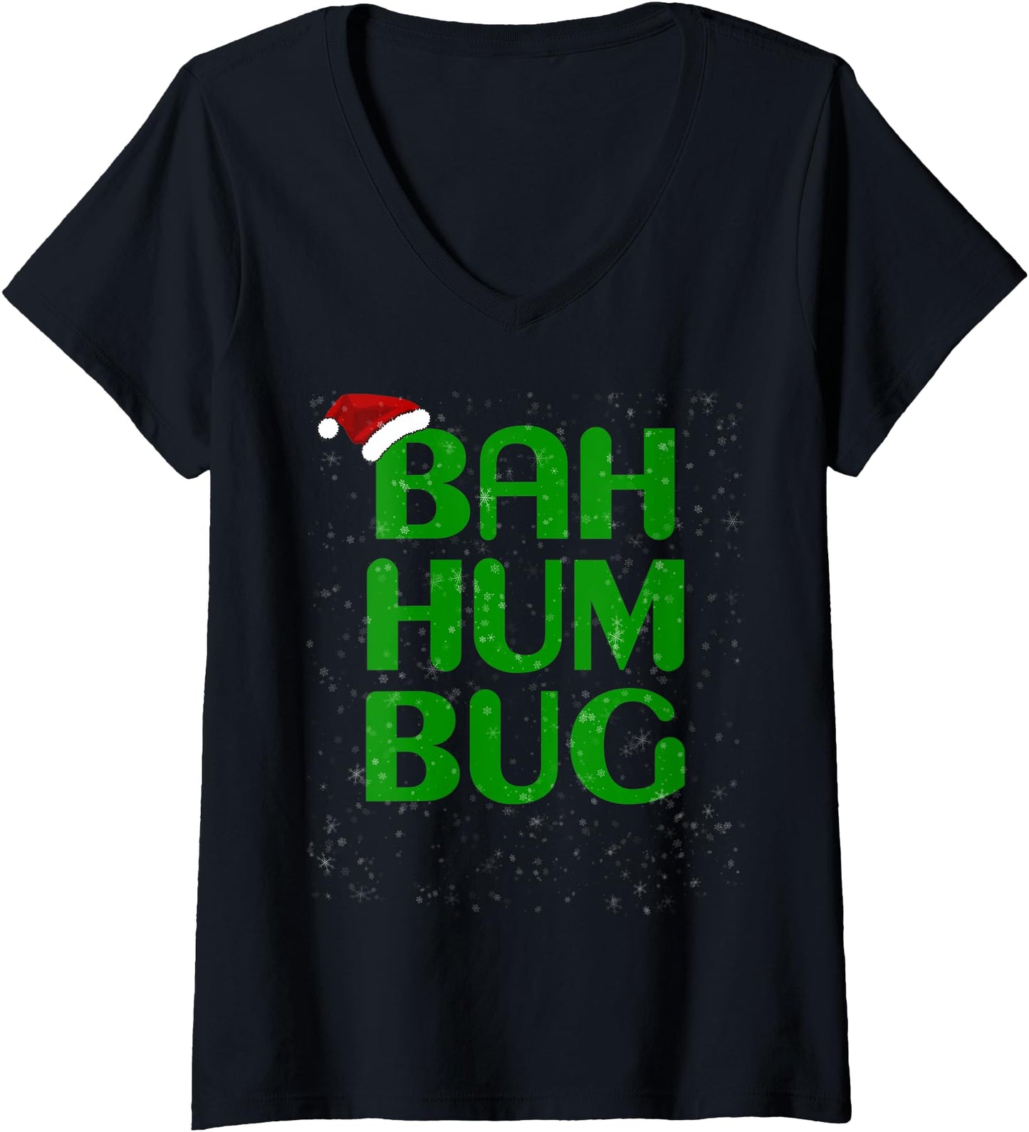 Womens Snowy Christmas Bah Humbug Shirt-Xmas Humbug Santa Hat Tee V-Neck