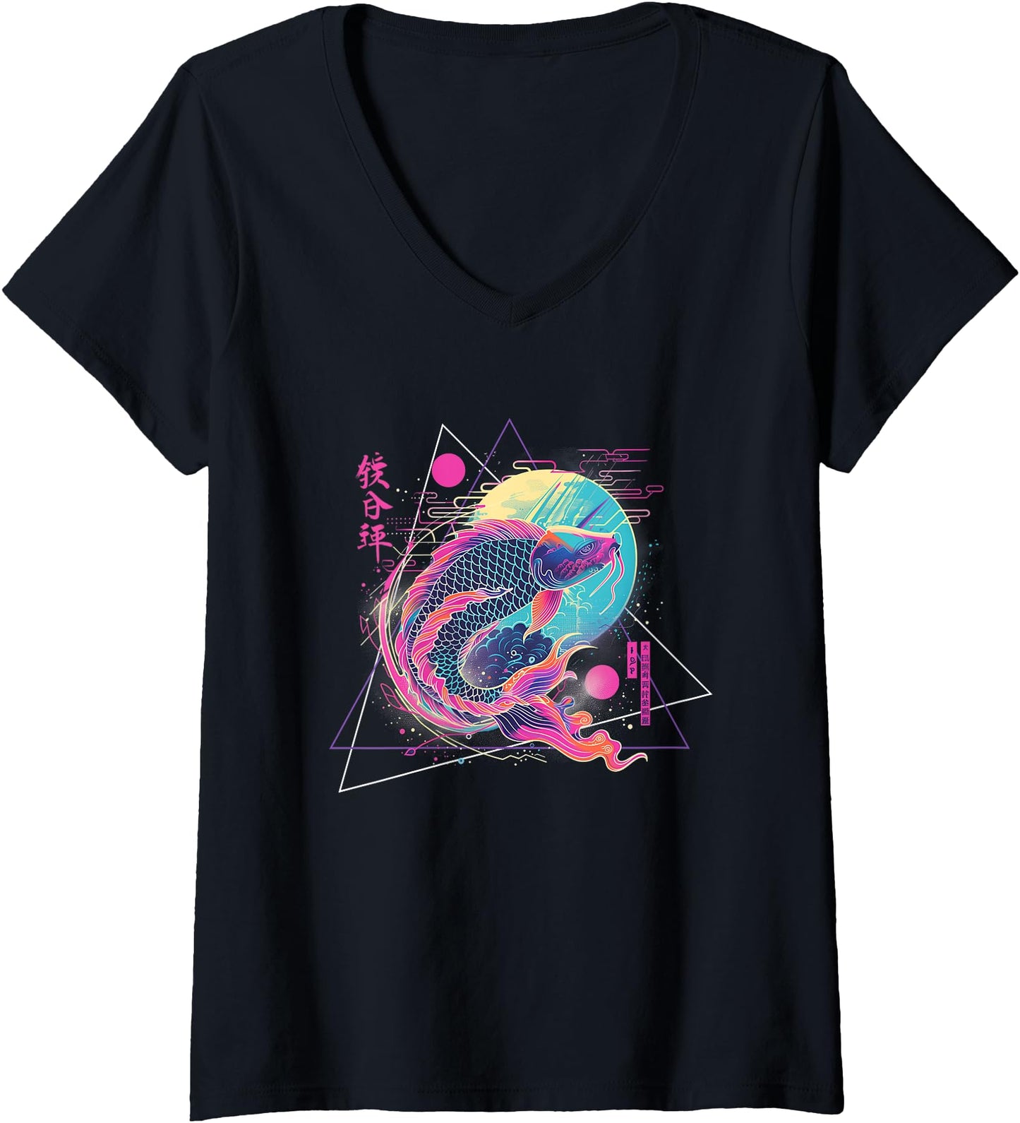 Womens Vaporwave Koi Fish Japanese Style Graphical Art V-Neck