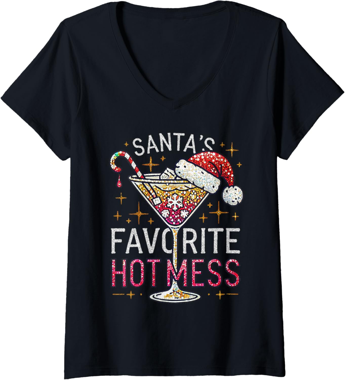 Womens Santa's Favorite Hot Mess Christmas Holiday Martini Drink V-Neck