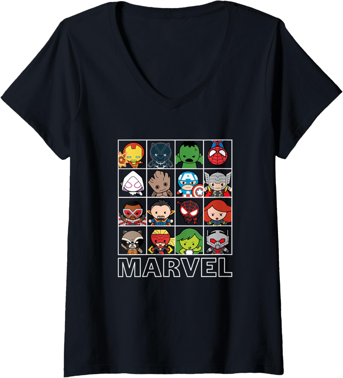 Womens Marvel Kawaii Chibi Iconic Characters Grid Panels V-Neck