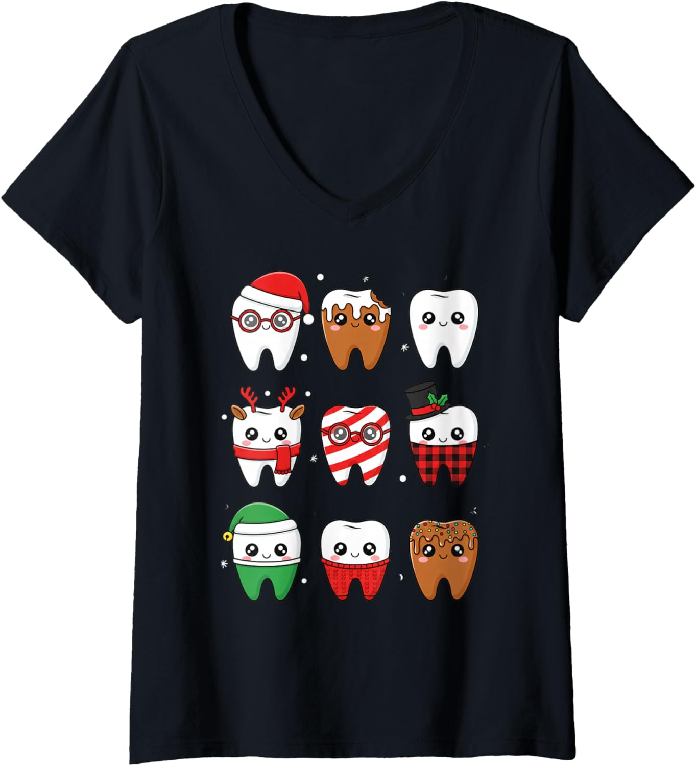 Womens Anime Kawaii Holiday Teeth Characters Cute Chibi Christmas V-Neck
