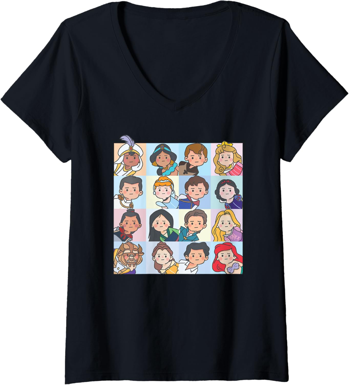 Womens Disney Princess Confused Chibi Couples Retro Panels V-Neck