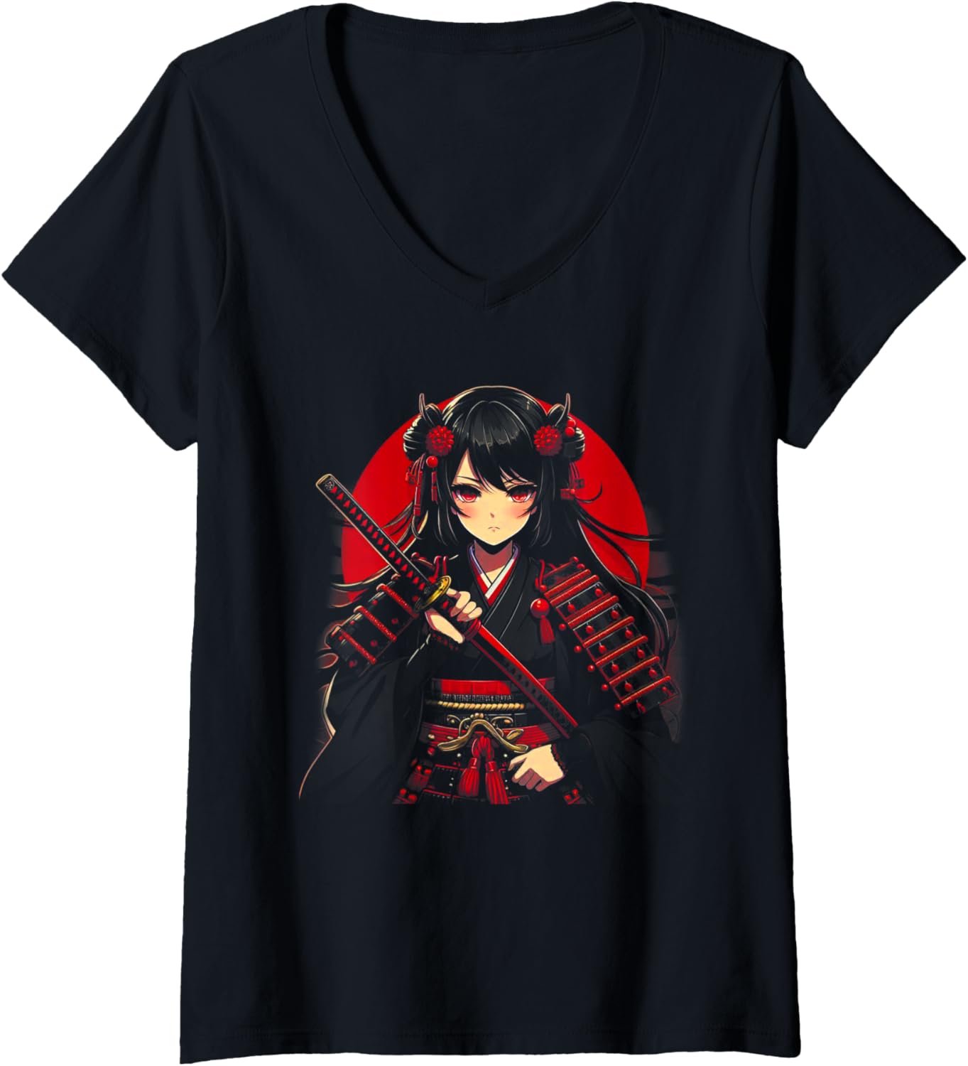 Womens Japanese Gothic Anime Samurai Girls Japanese Art Women Girl V-Neck