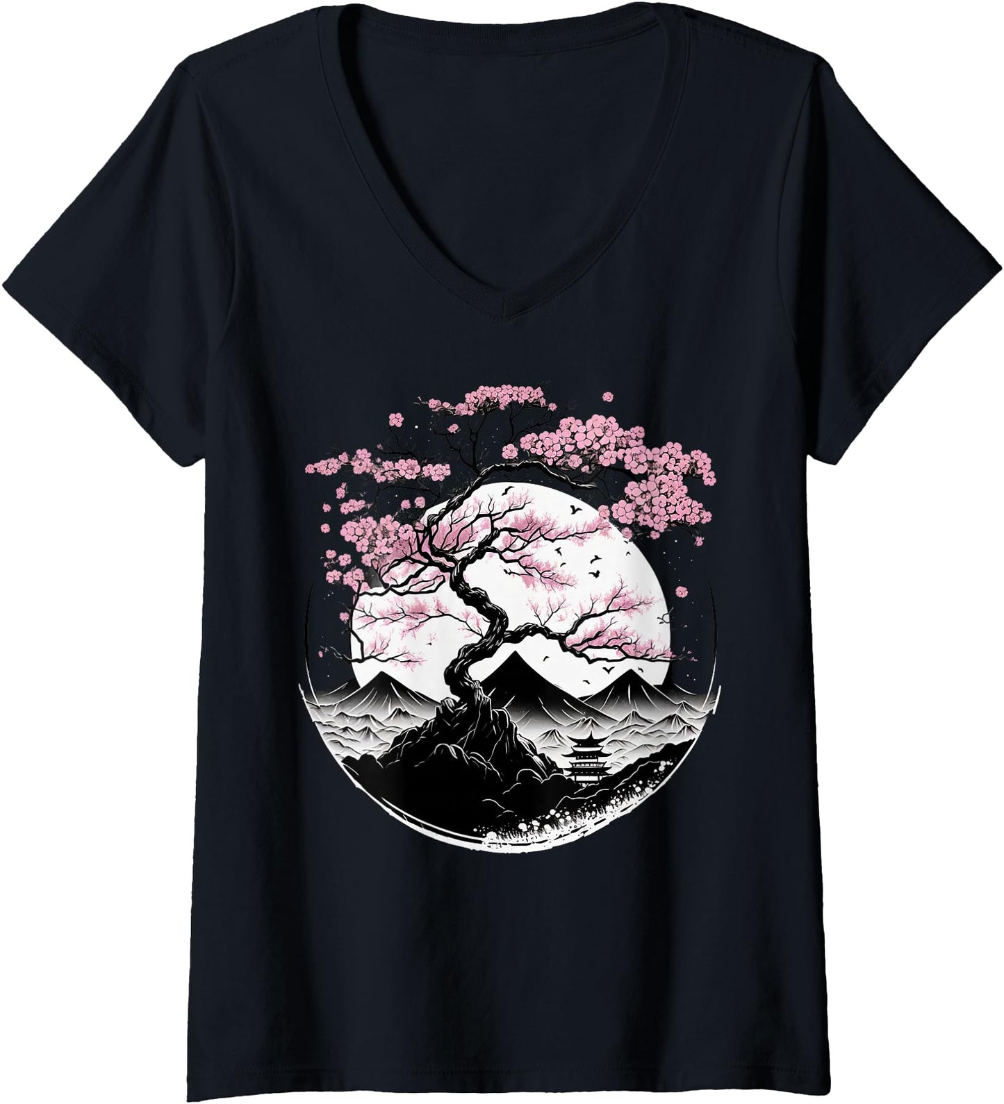 Womens Japanese Sakura Garden Geisha Mount Fuji Cherry Blossom V-Neck