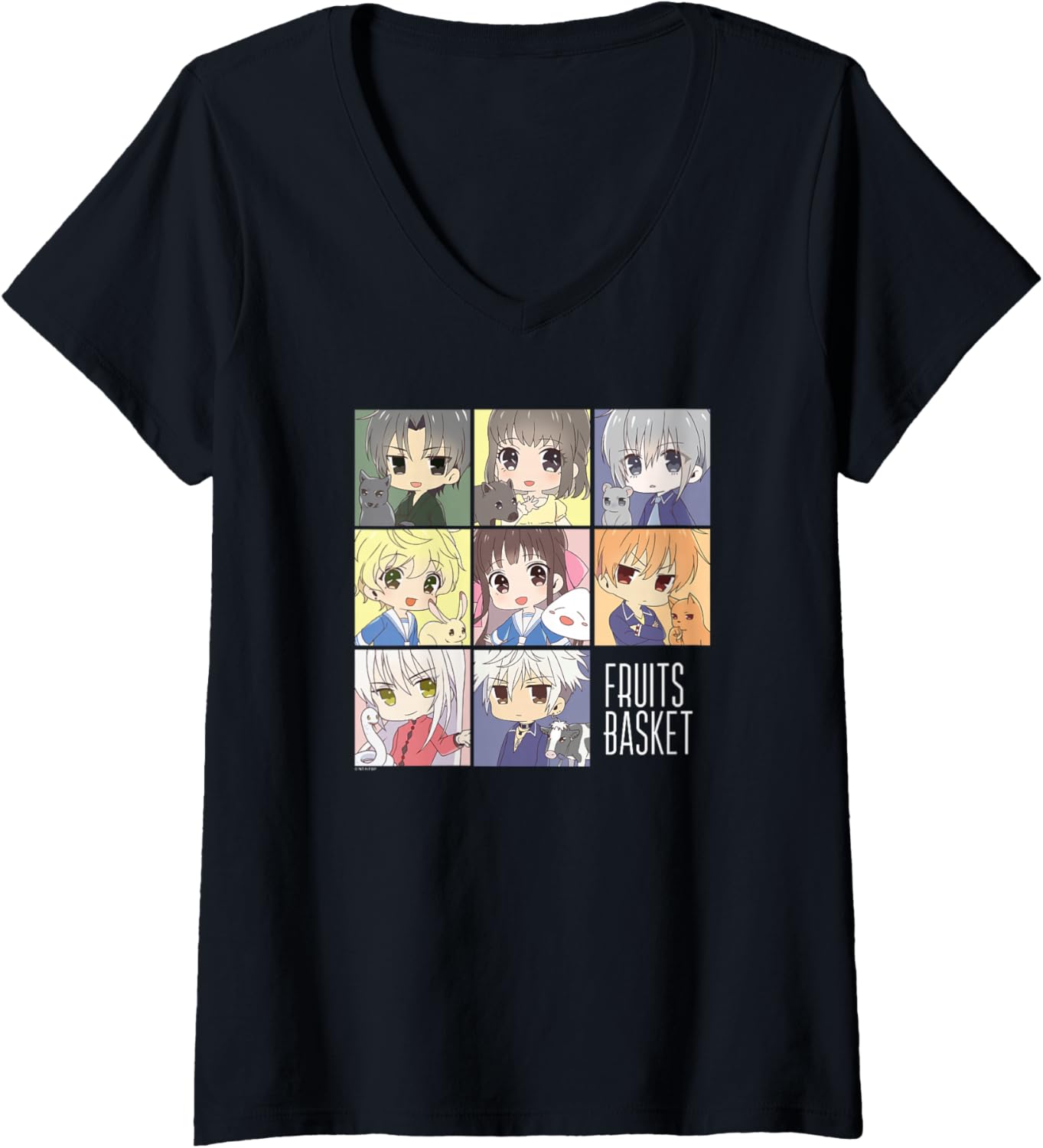 Womens Fruits Basket Pastel Chibi Character Grid Anime V-Neck
