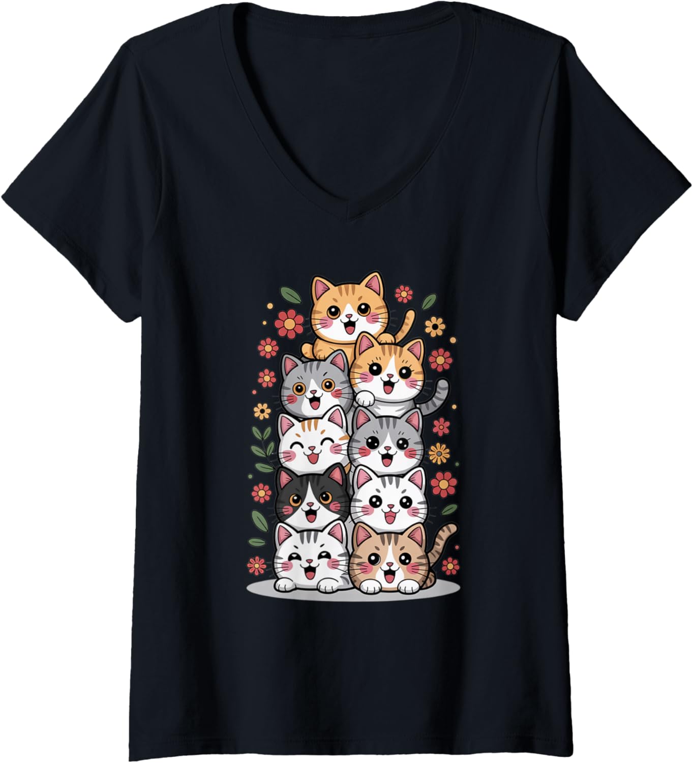 Womens Funny Pile of Kitty Kawaii Cats Funny Cute Cat Lover Chibi V-Neck