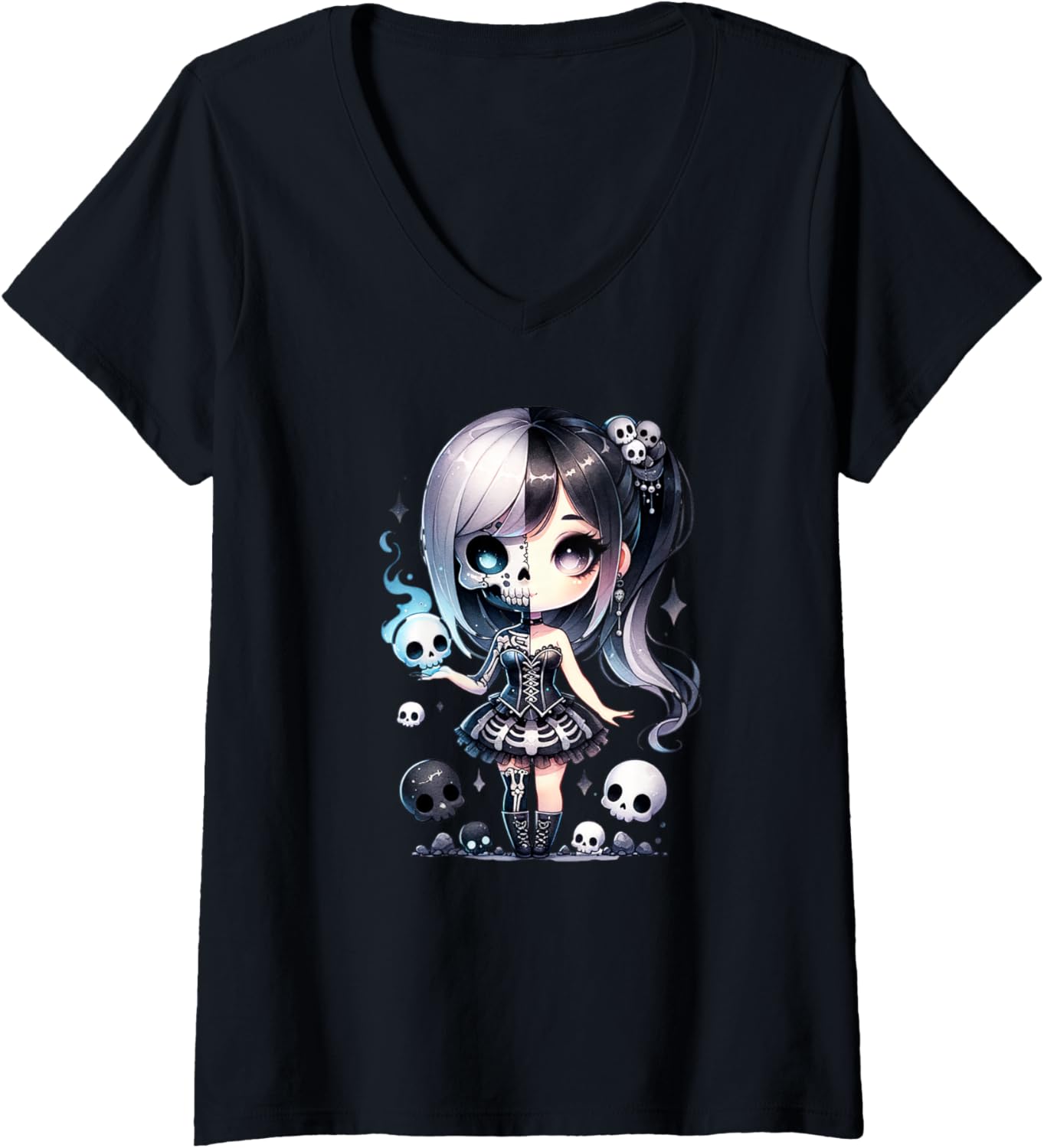 Womens Chibi Gothic Girl Shirt for Girls Cute Gothic Anime Kawai V-Neck