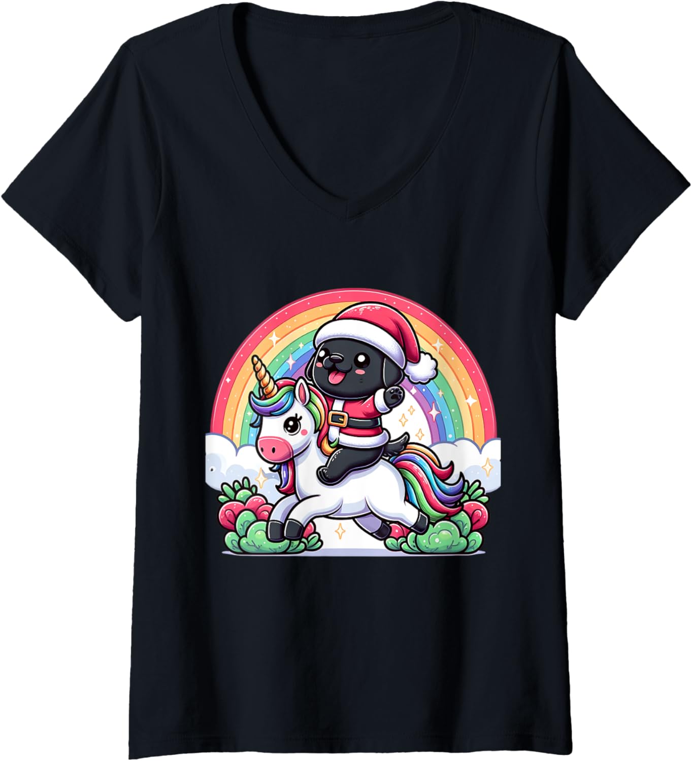 labrador Riding Unicorn dog Funny Rainbow Chibi Design V-Neck