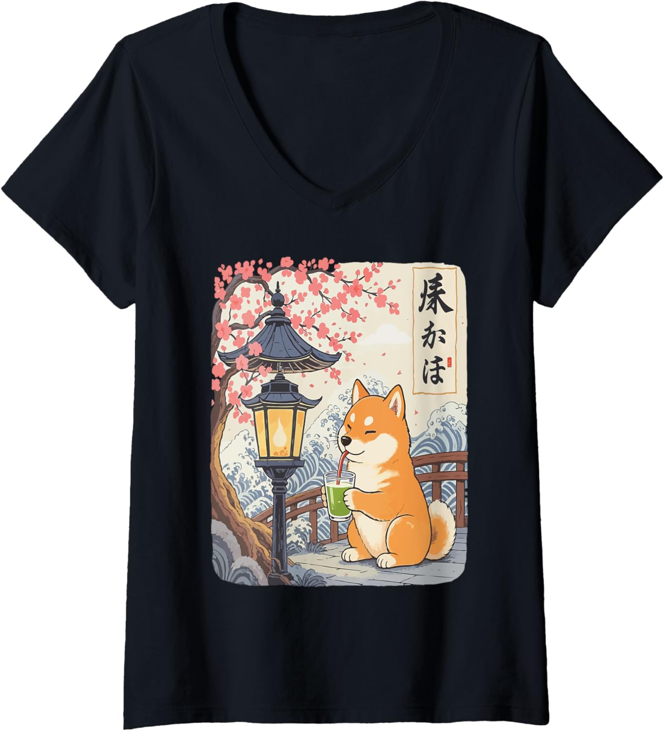 Womens Kawaii Shiba Inu Matcha Boba Japanese Cute Anime Dog Lover V-Neck