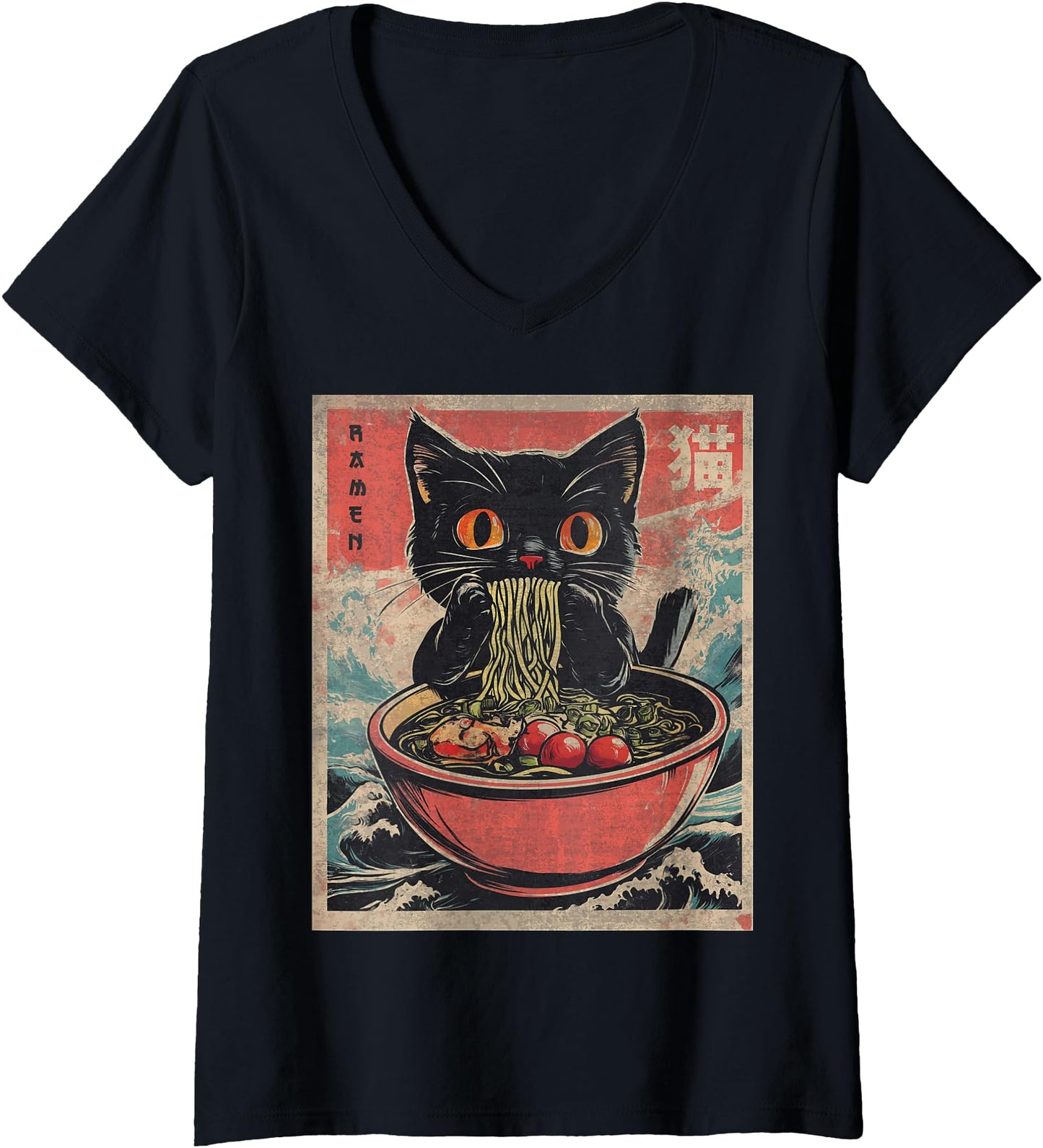Womens Cat Ramen Japanese Funny Graphic Tees Kawaii Cat Anime Gifts V-Neck