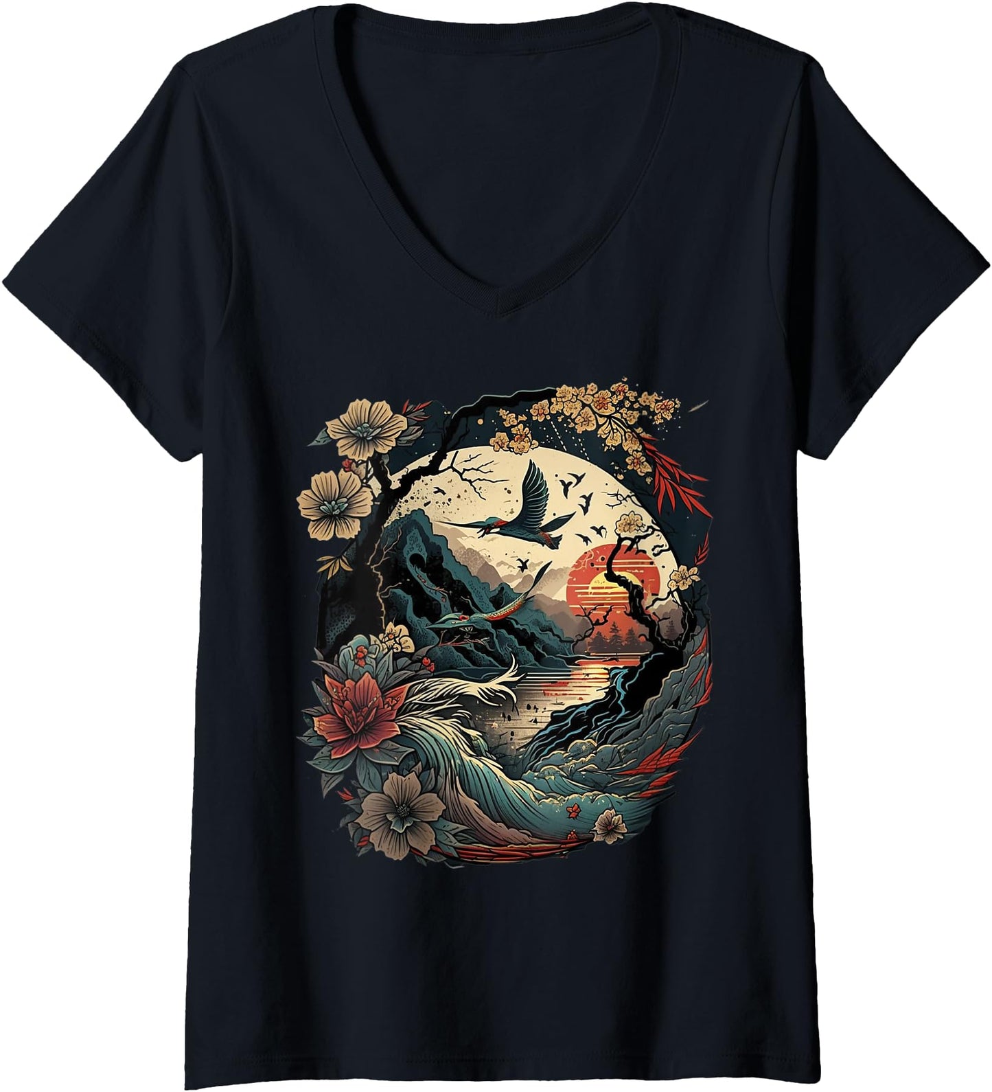 Womens retro Japanese Art Birds & Cherry Blossom and vintage sunset V-Neck