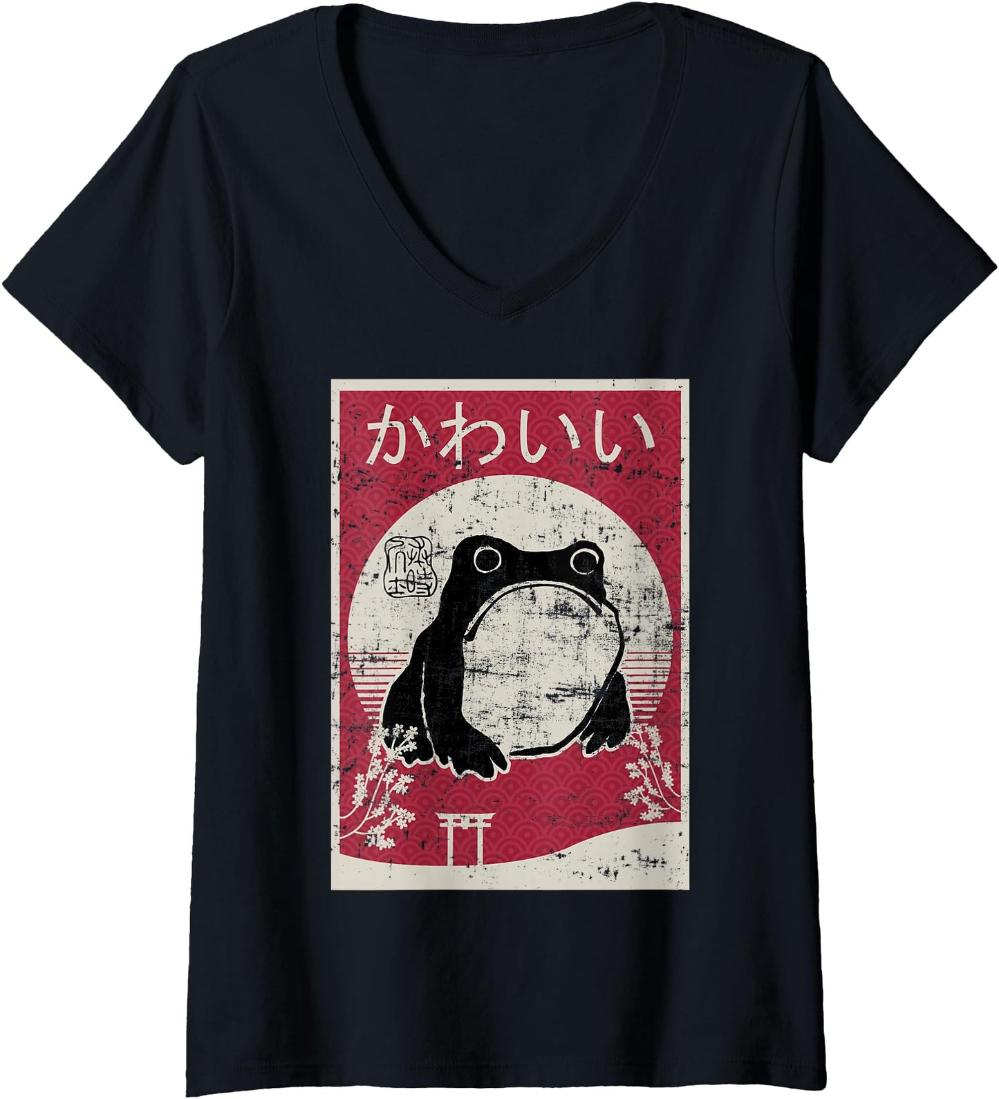 Womens Grumpy Frog Retro Woodblock Vintage Ukiyo Japanese Art Print V-Neck