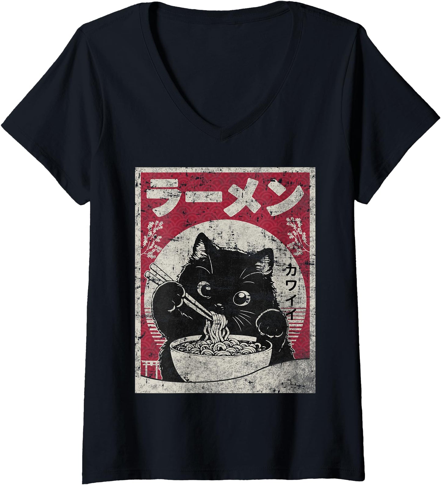 Womens Vintage Kawaii Cat Eating Ramen Japanese Art Anime Aesthetic V-Neck