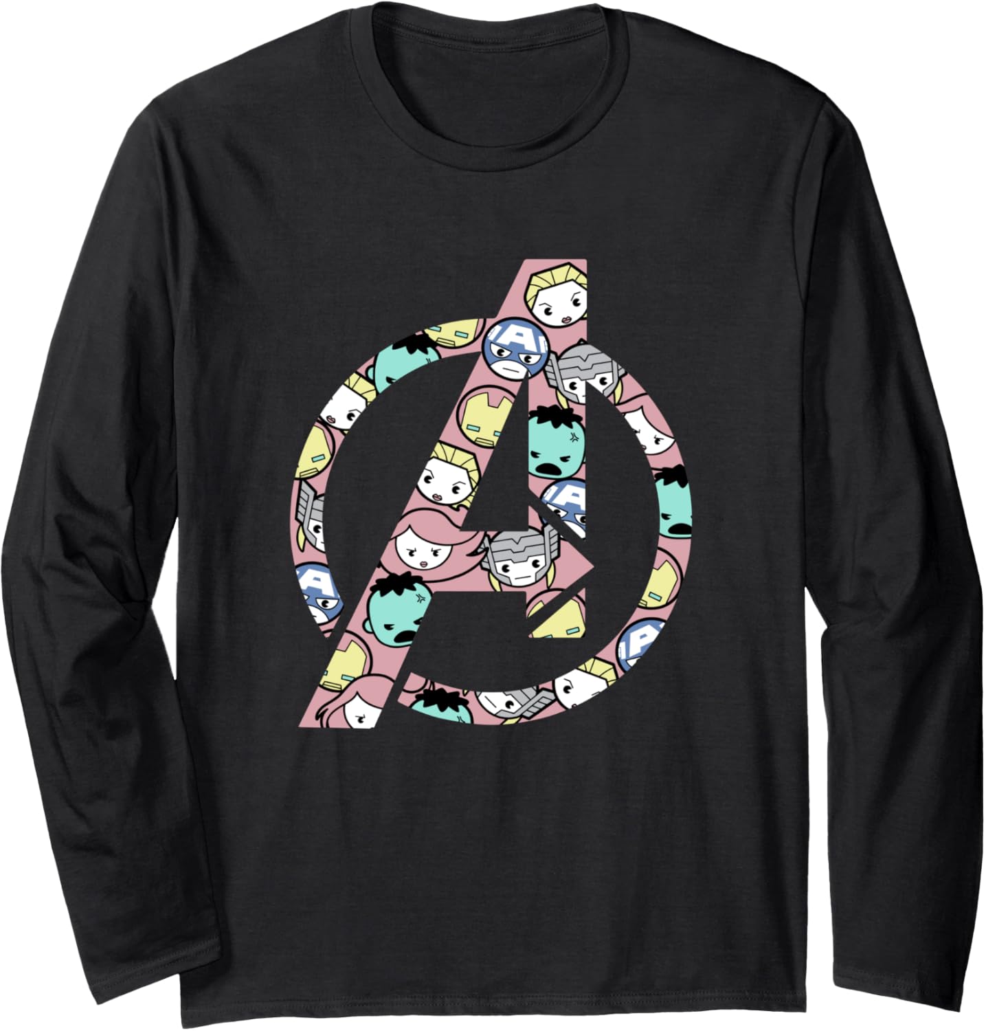 Marvel Kawaii Multiple Chibi Hero Faces Retro Avengers Logo Long Sleeve