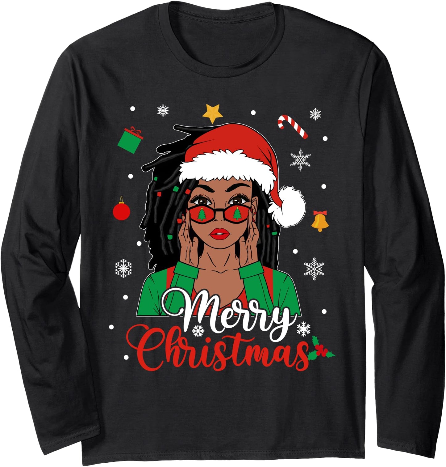 African American Black Woman Loc'd Girl Merry Christmas Xmas Long Sleeve